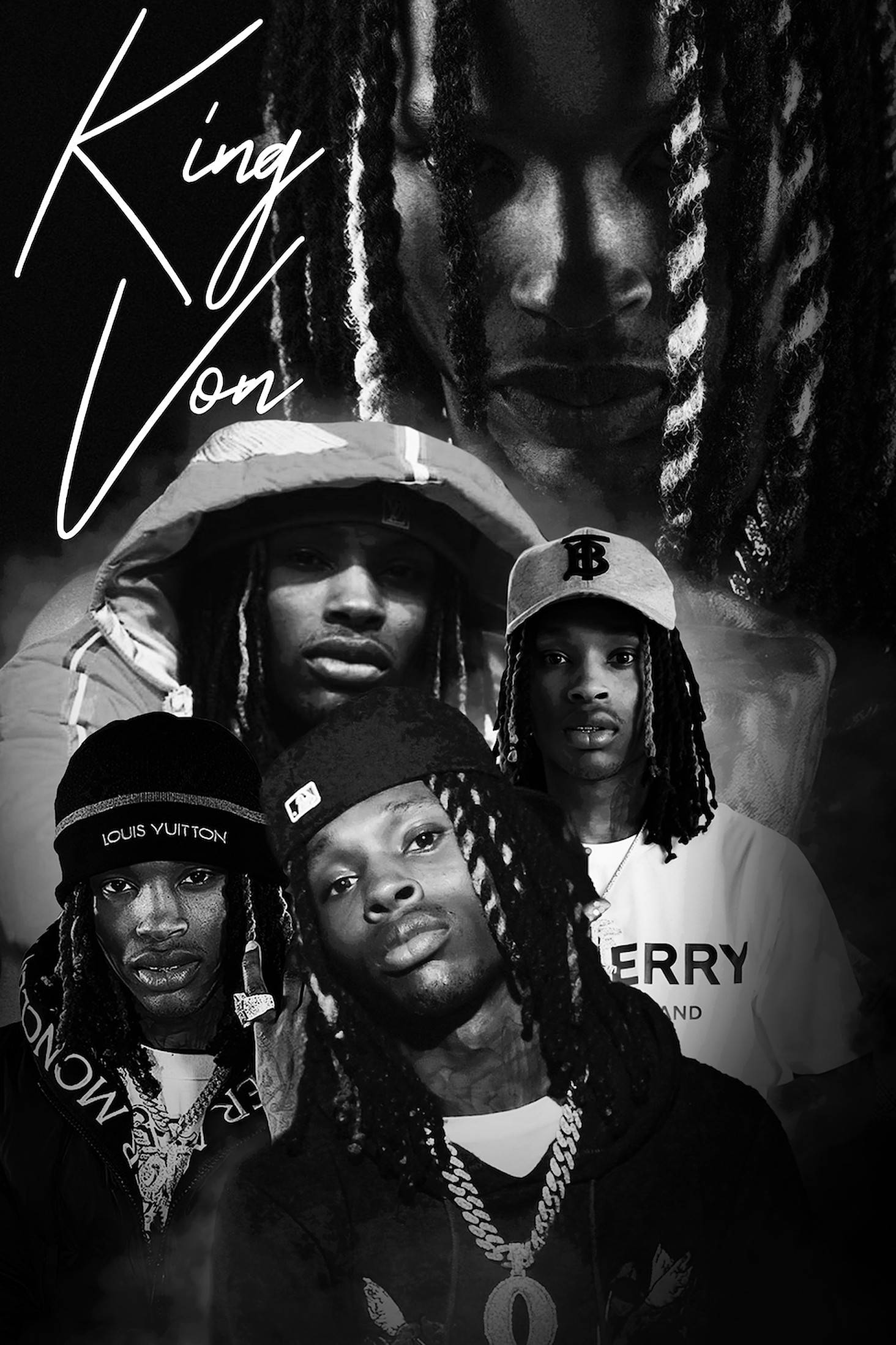 King Von, monochromatic collage, black and white portrait collage, Full HD Phone Wallpaper