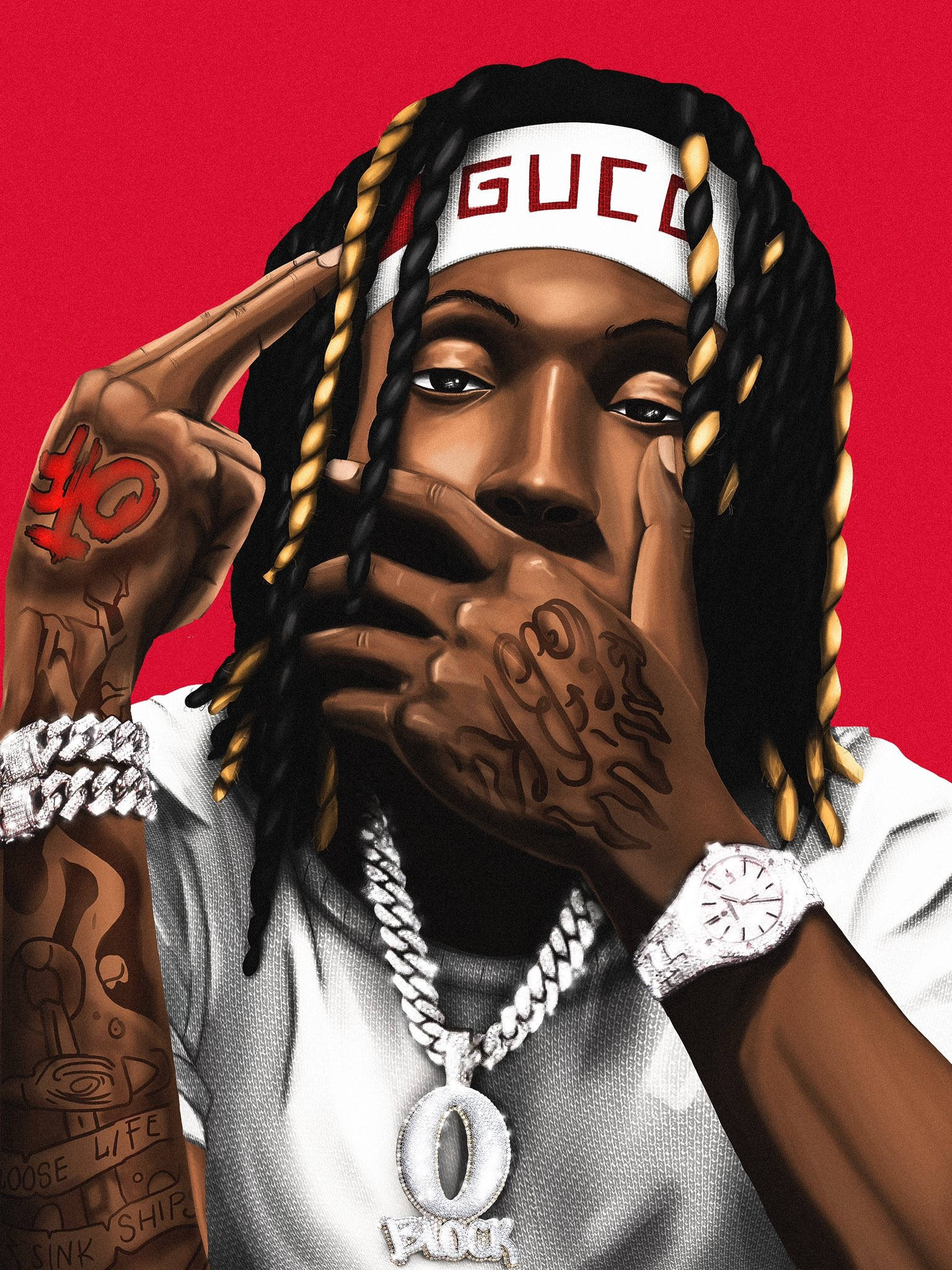 King Von, red background, braided hair, Full HD Phone Wallpaper