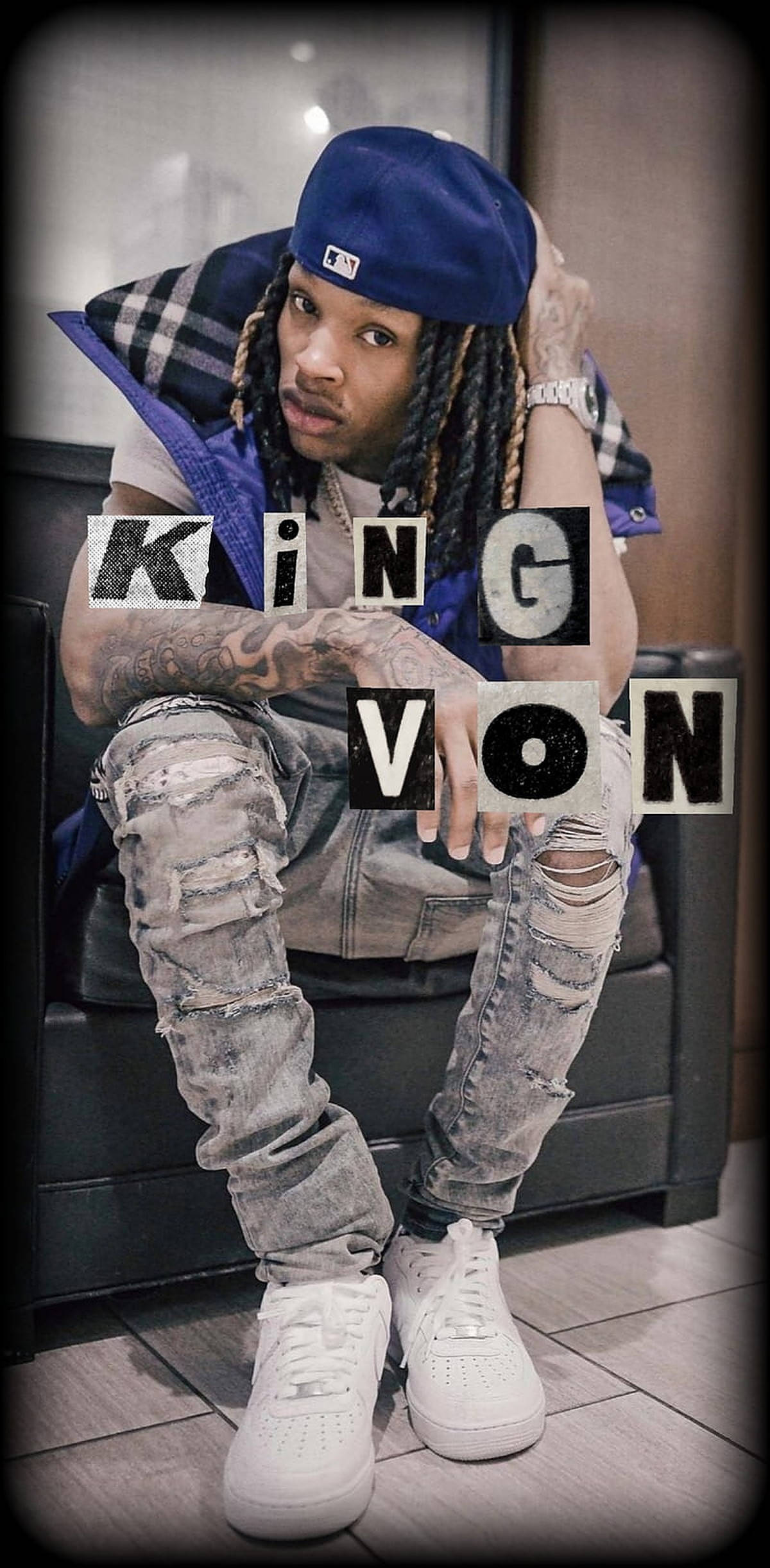 King Von, black leather couch, blue cap, Full HD Phone Wallpaper