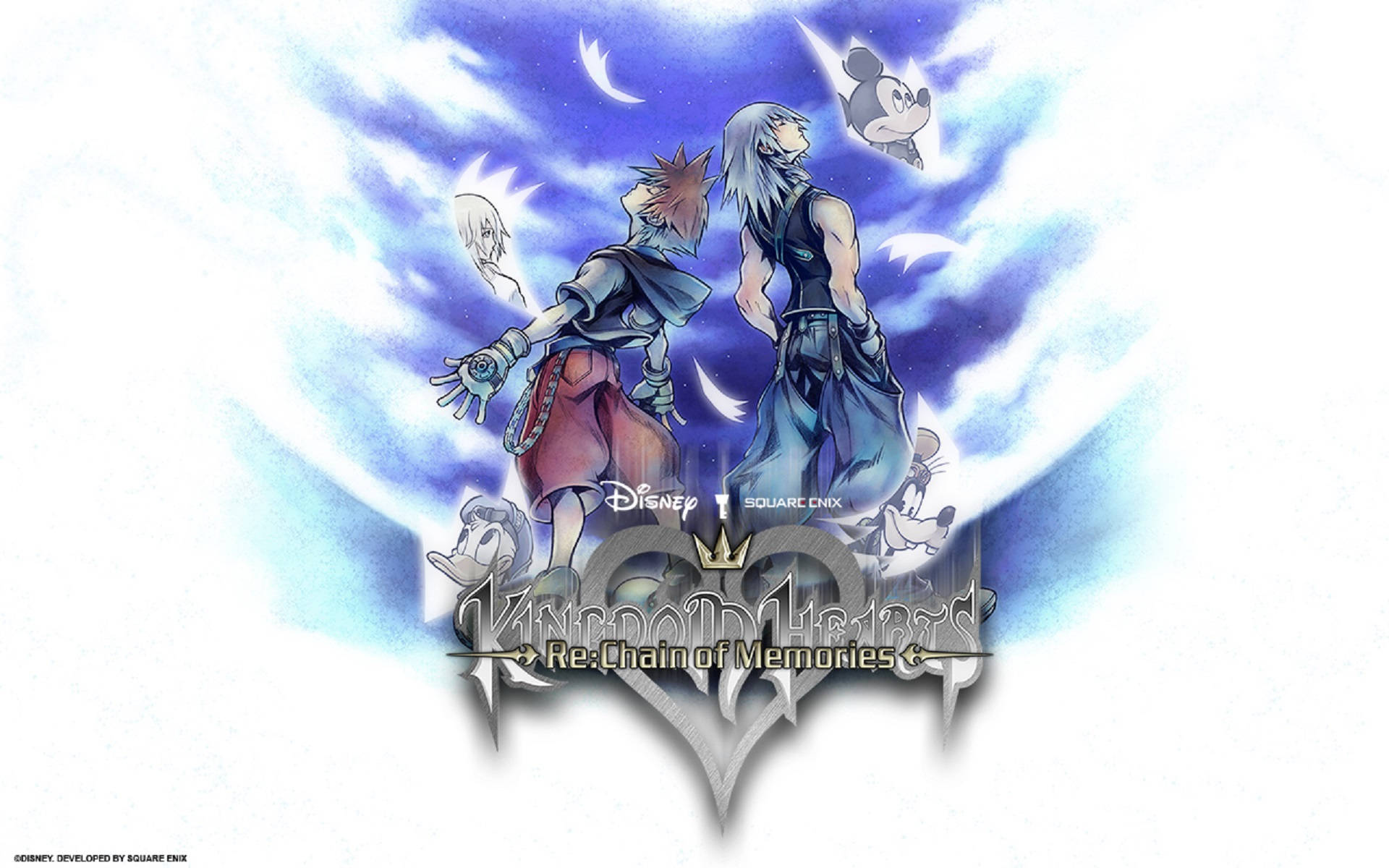 Kingdom Hearts logo, anime characters, swirling blue clouds, Full HD Desktop Wallpaper