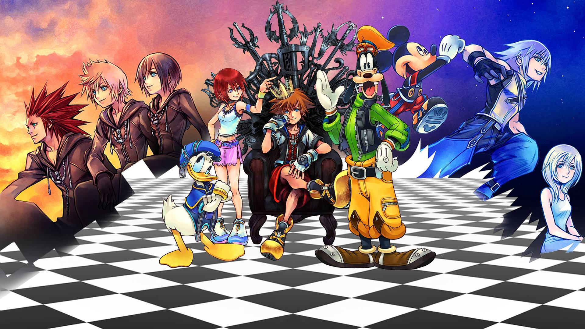 Kingdom Hearts, checkered floor, fiery sunset, Full HD Desktop Wallpaper