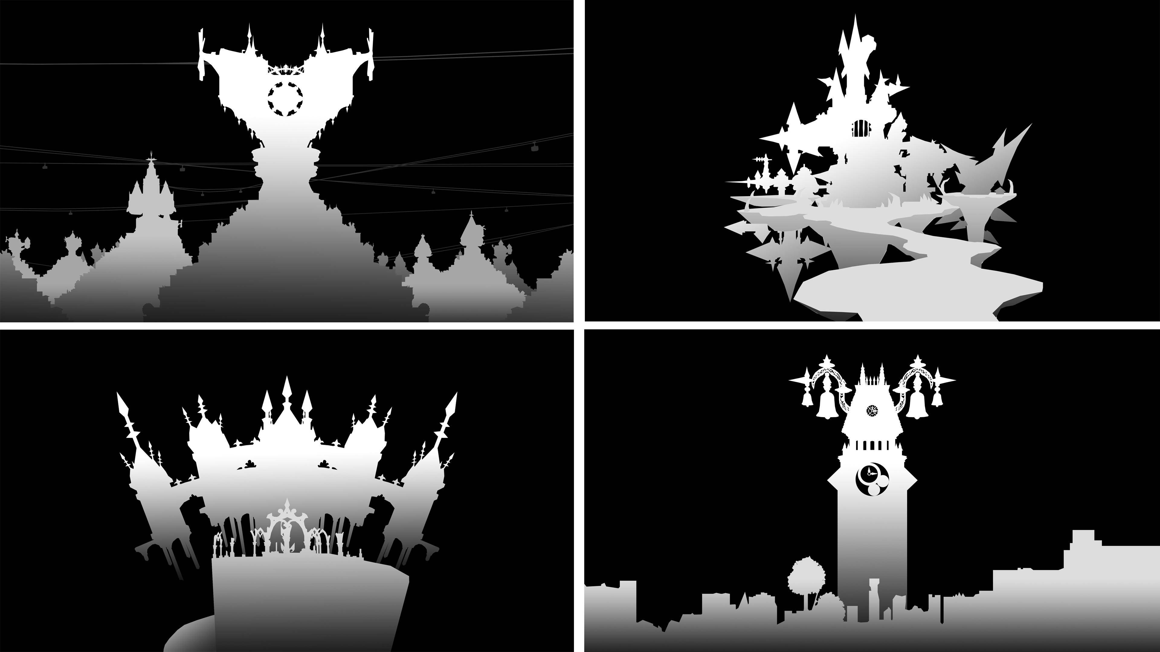 Kingdom Hearts, black and white silhouettes, stylized castles and towers, 4K Desktop Wallpaper