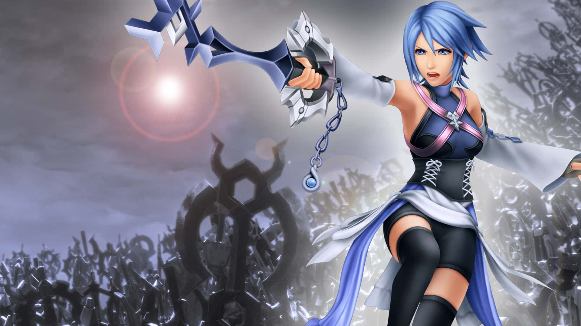 Kingdom Hearts Aqua, blue-haired anime warrior, glowing keyblade, Full HD Desktop Wallpaper