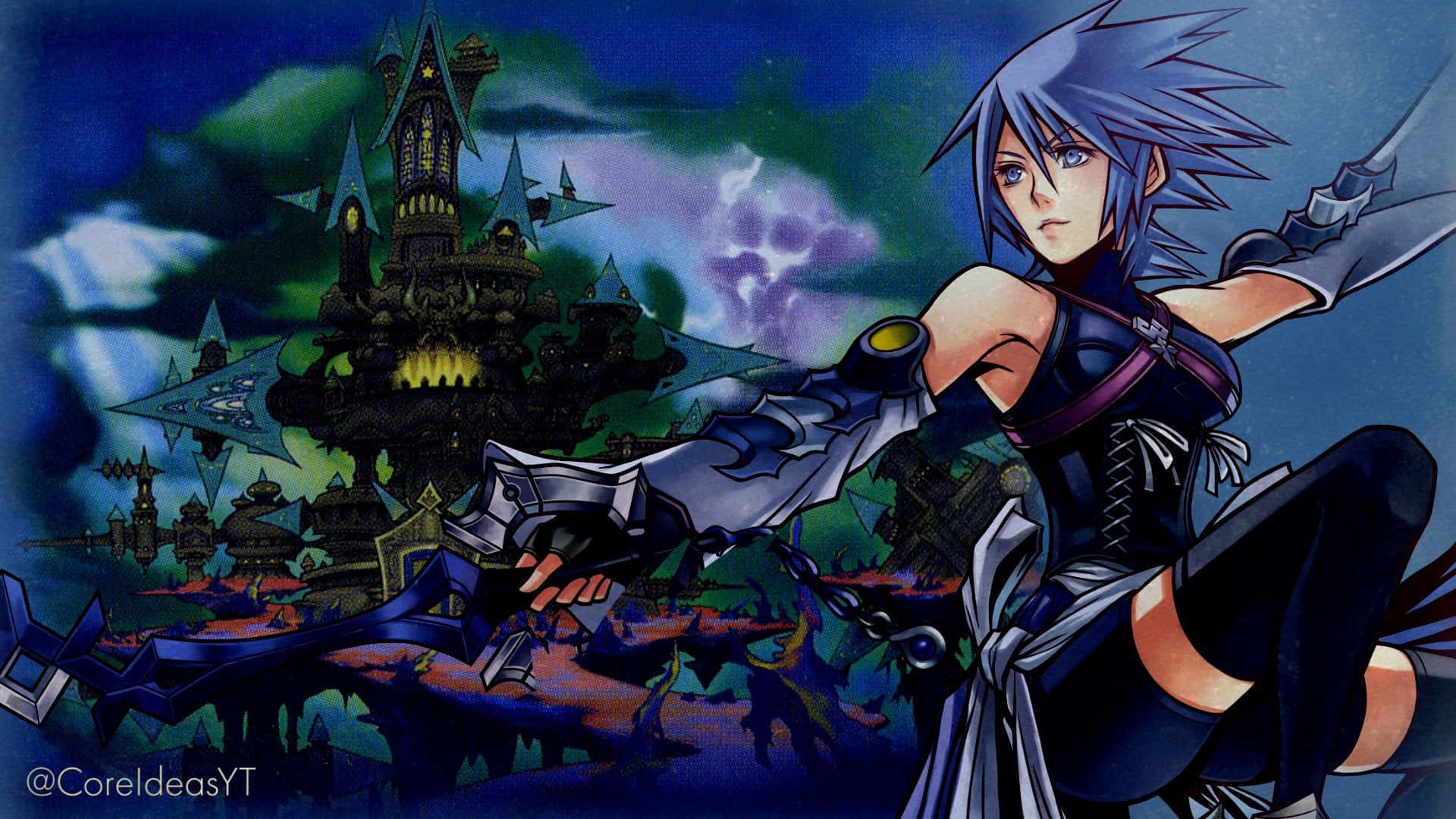 Kingdom Hearts Aqua, spiky-haired anime warrior, dark armor, Full HD Desktop Wallpaper