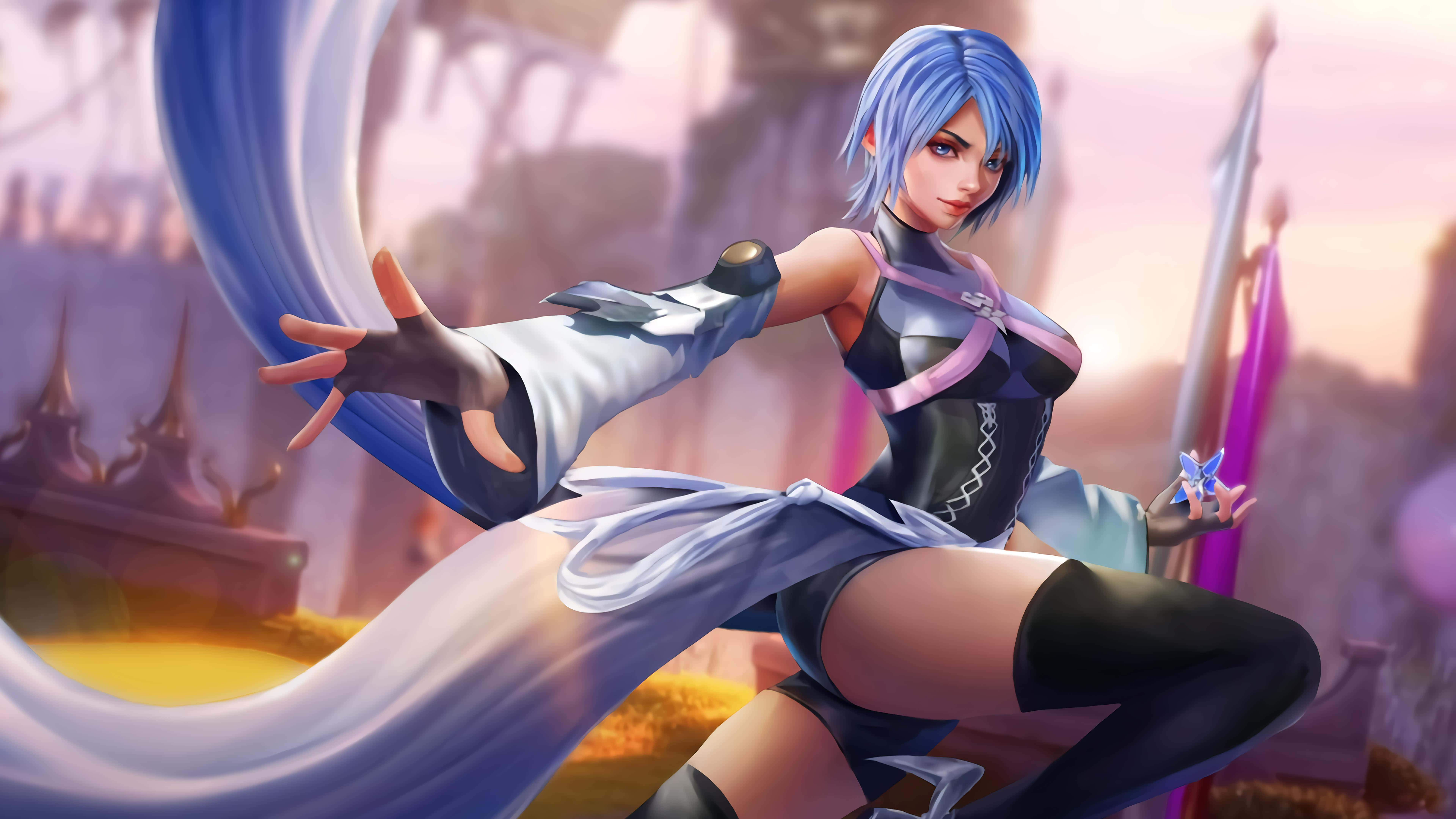 Kingdom Hearts Aqua, blue-haired anime warrior, black and white armor, 8K Desktop Wallpaper