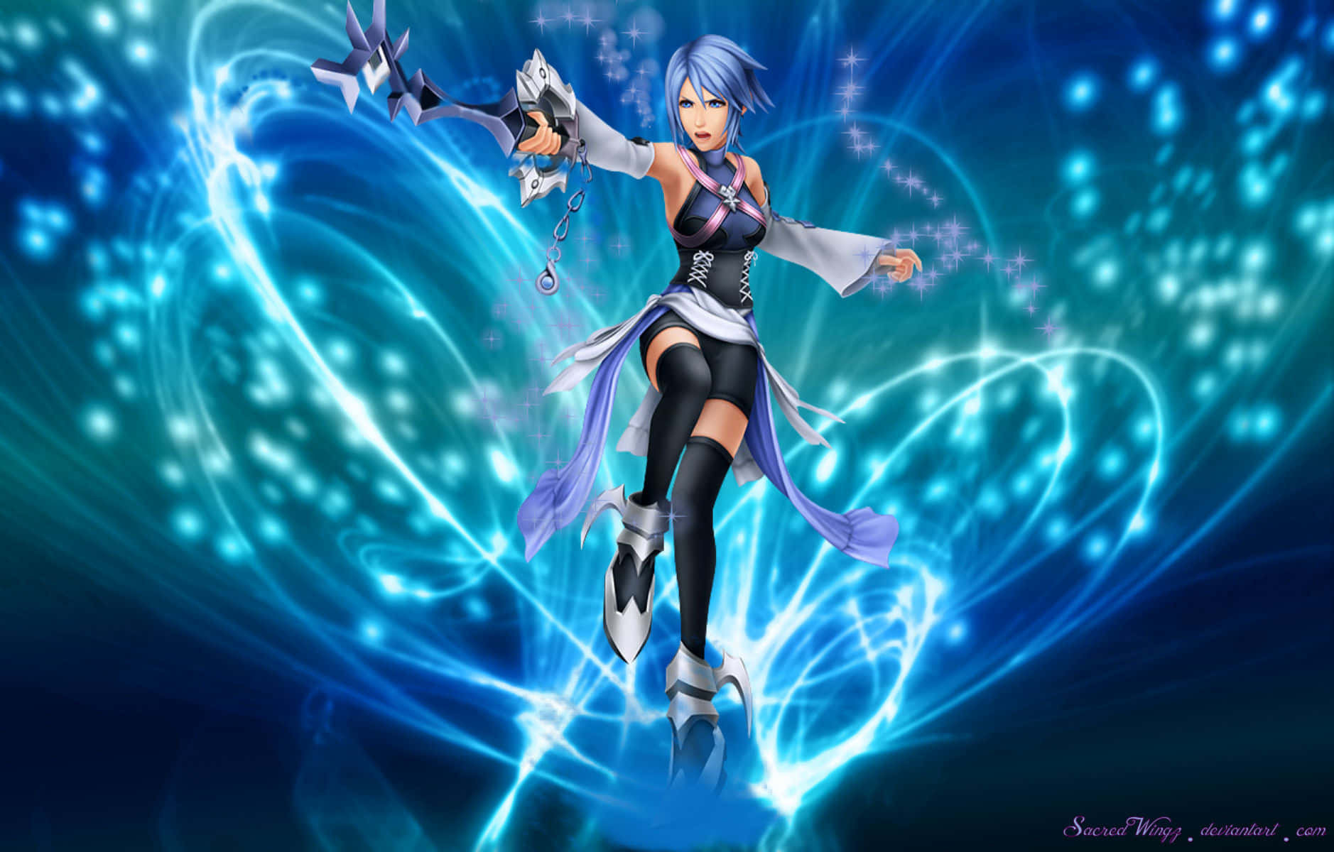 Kingdom Hearts Aqua, blue-haired anime girl, glowing keyblade, HD Desktop Wallpaper