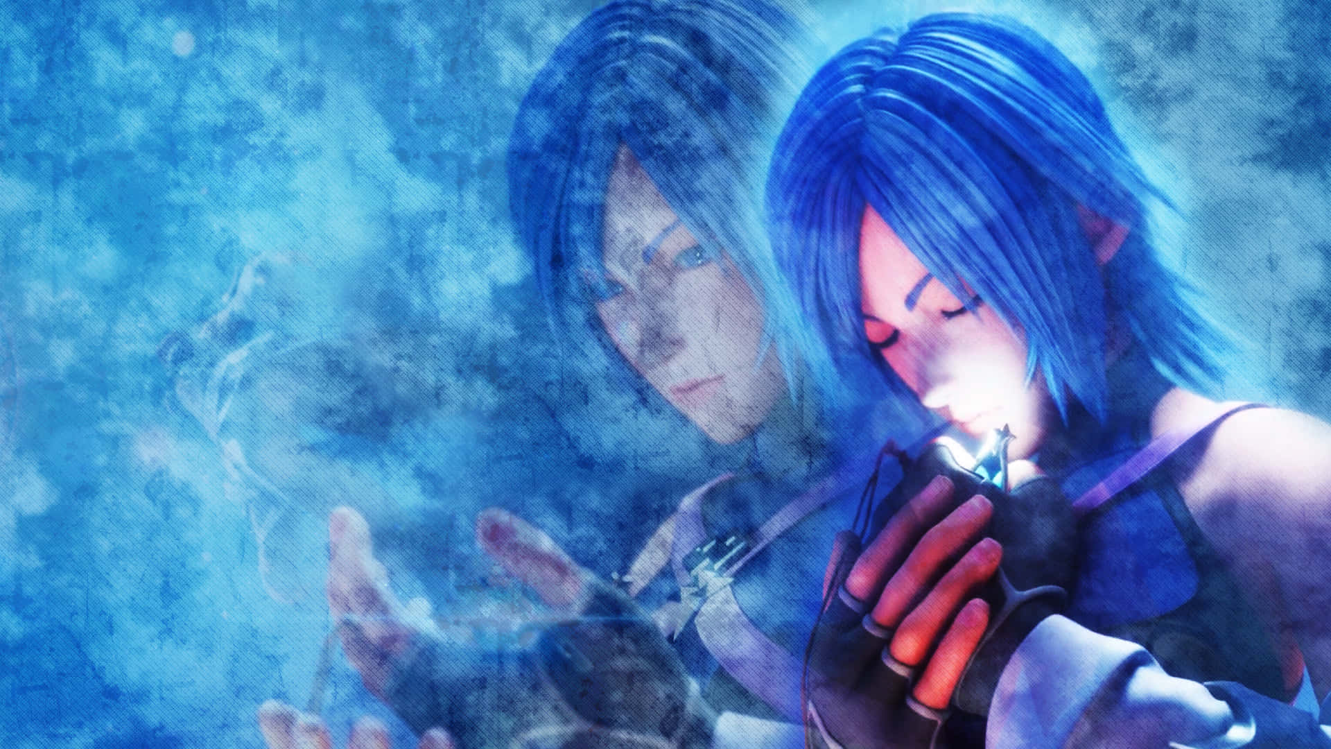 Kingdom Hearts Aqua, blue-haired anime character, glowing red eyes, Full HD Desktop Wallpaper