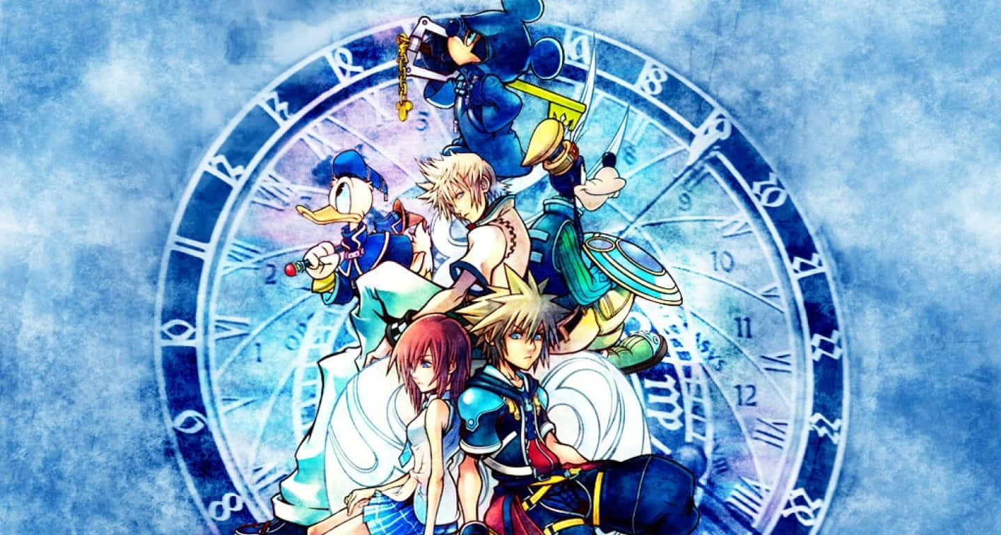 Kingdom Hearts Characters, glowing blue clock face, cloudy sky, HD Desktop Wallpaper