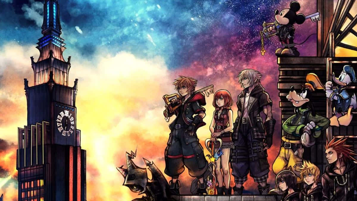 Kingdom Hearts Characters, tall clock tower, fiery sunset sky, SD Desktop Wallpaper