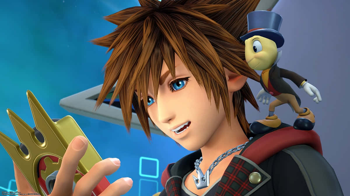 Kingdom Hearts Characters, spiky brown hair, golden keyblade, SD Desktop Wallpaper