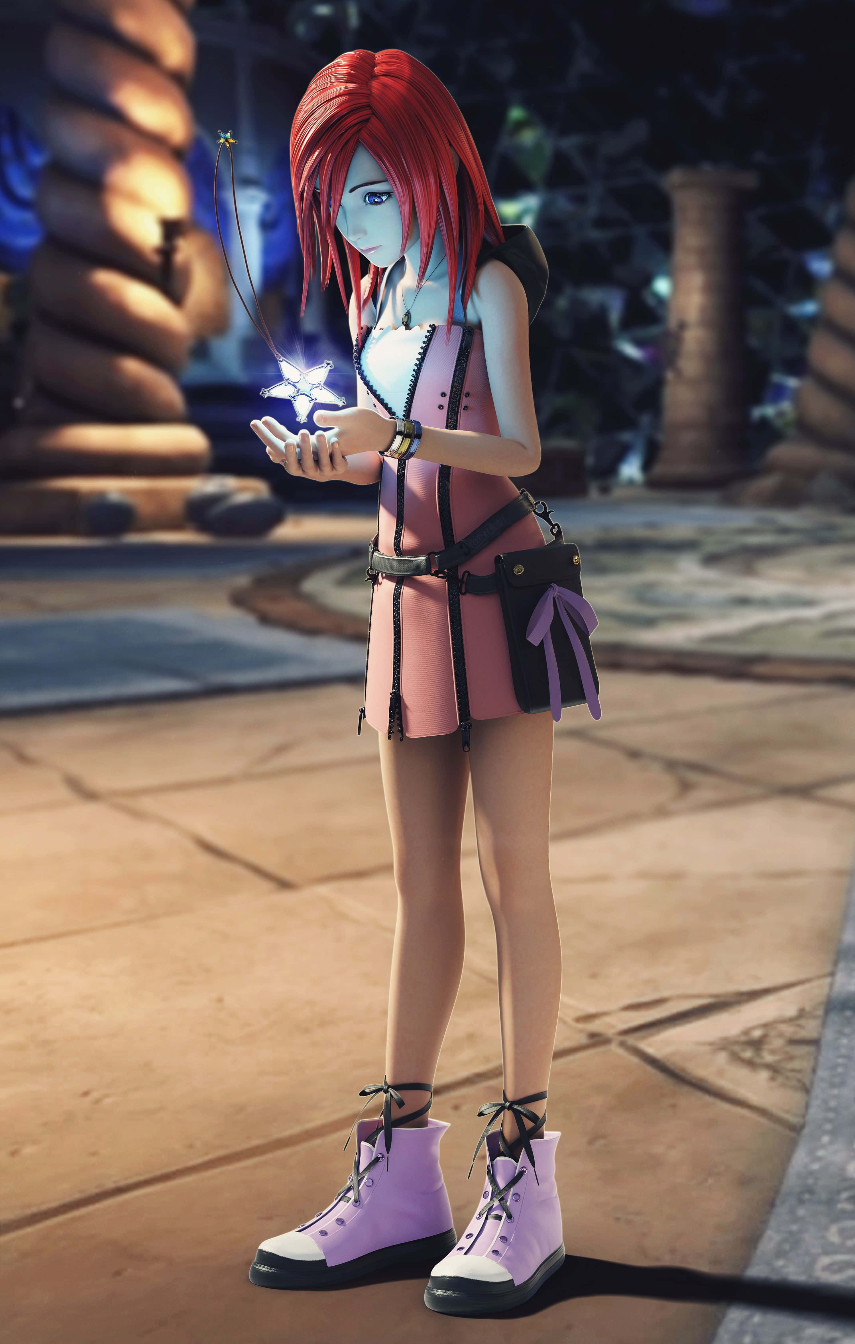 Kingdom Hearts Kairi, red-haired anime girl, pink outfit, 4K Phone Wallpaper