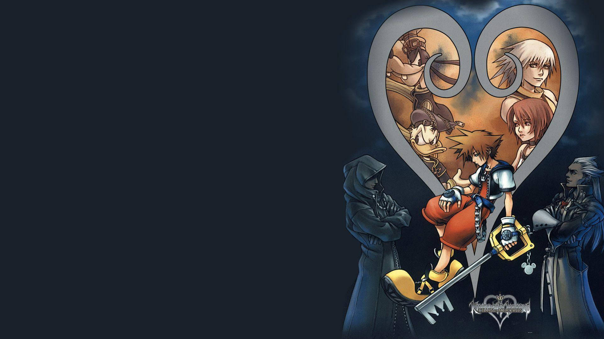 Kingdom Hearts Logo, heart-shaped Keyblade frame, anime characters, Full HD Desktop Wallpaper