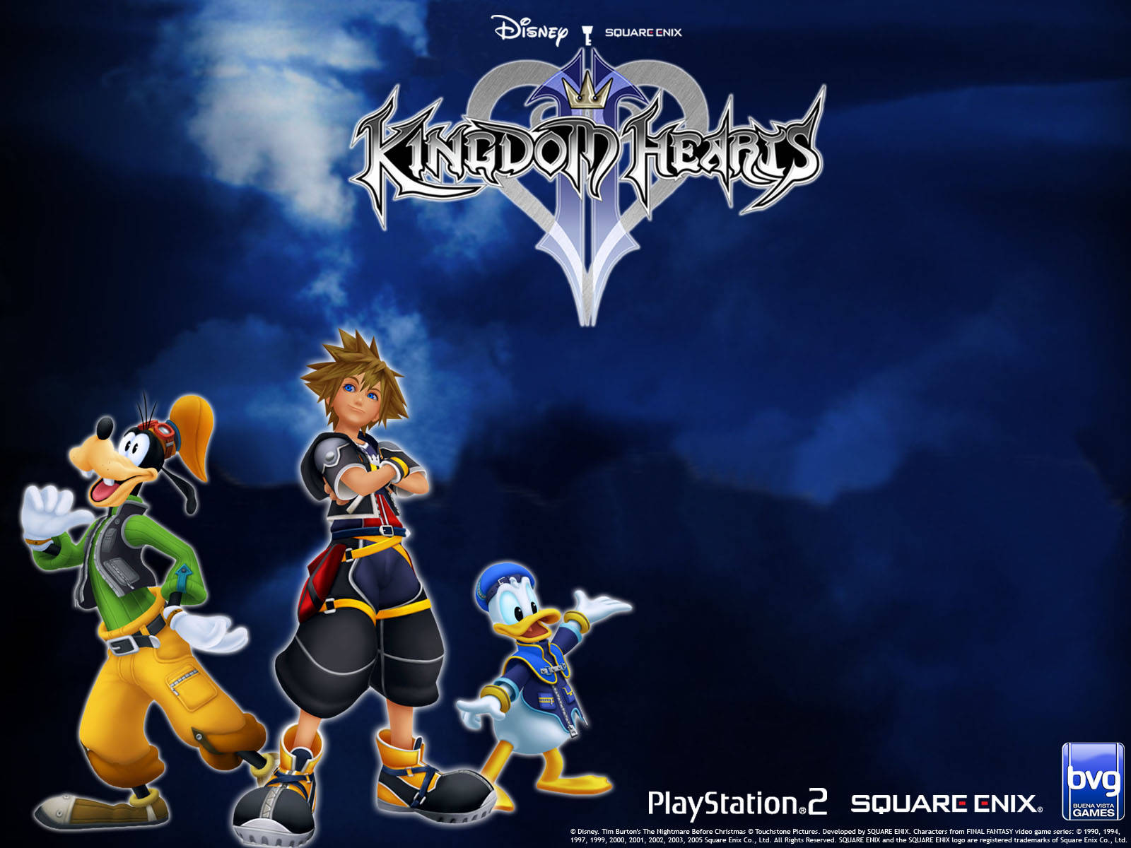 Kingdom Hearts Logo, dark stormy sky, three animated characters, HD Desktop Wallpaper