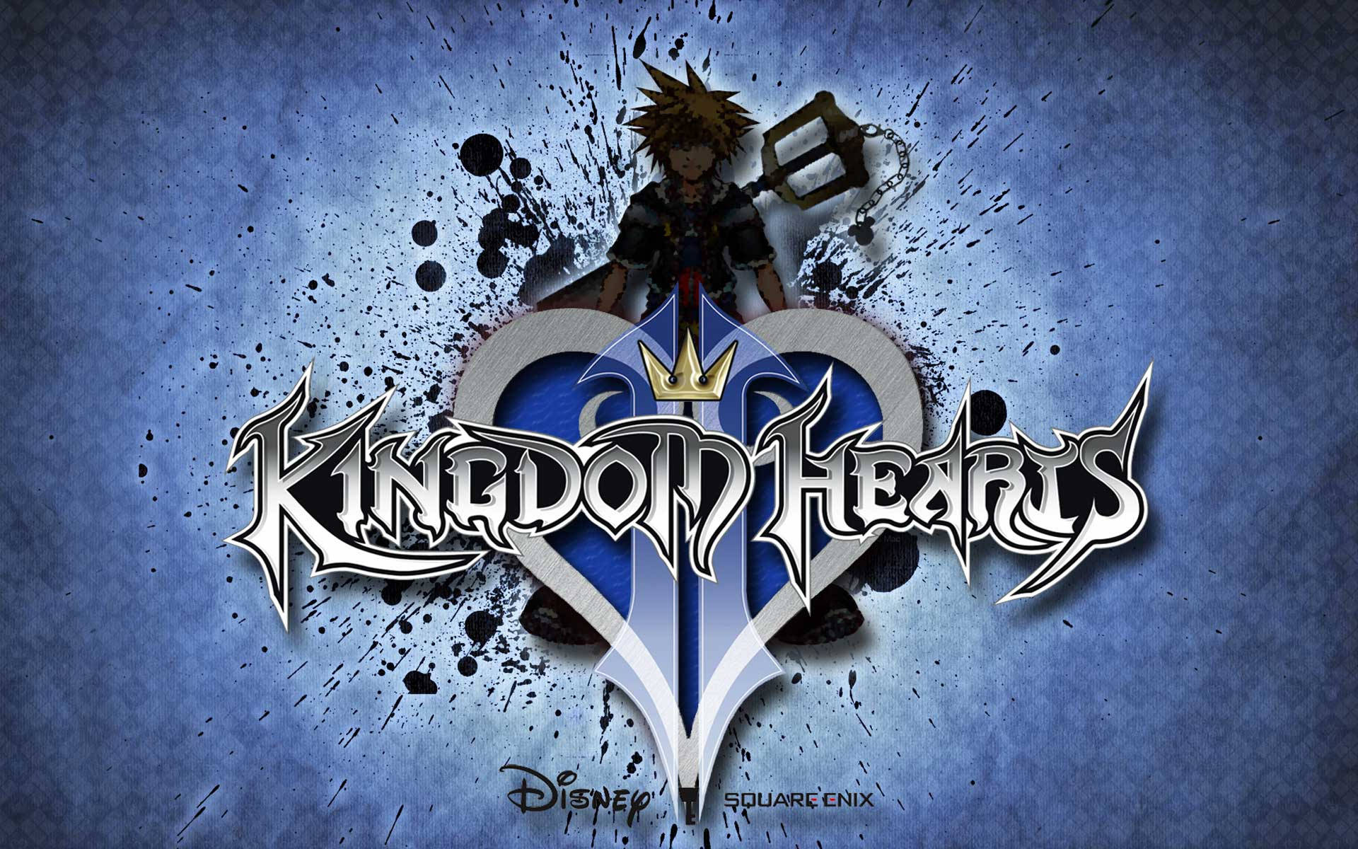 Kingdom Hearts logo, spiky-haired boy, keyblade, Full HD Desktop Wallpaper