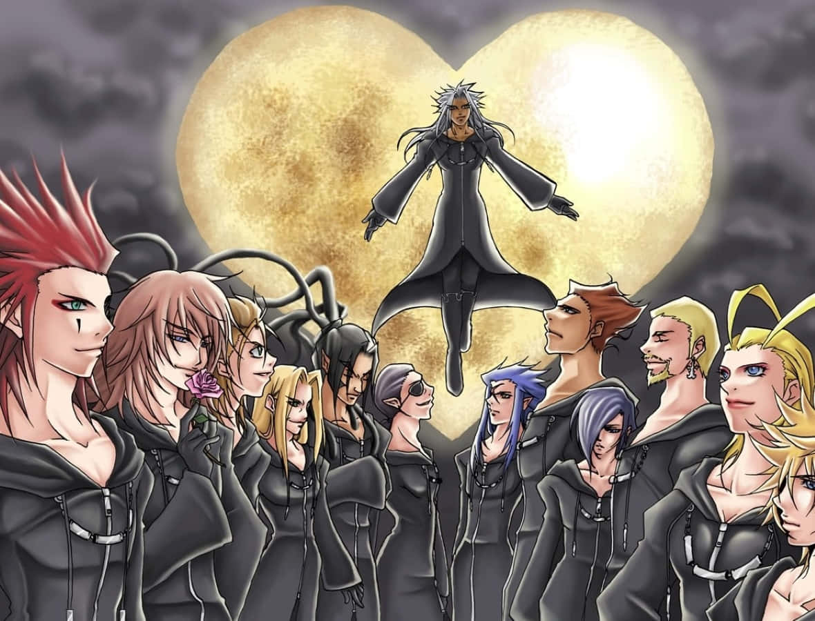Kingdom Hearts Organization 13, black hoodies, glowing heart-shaped moon, SD Desktop Wallpaper
