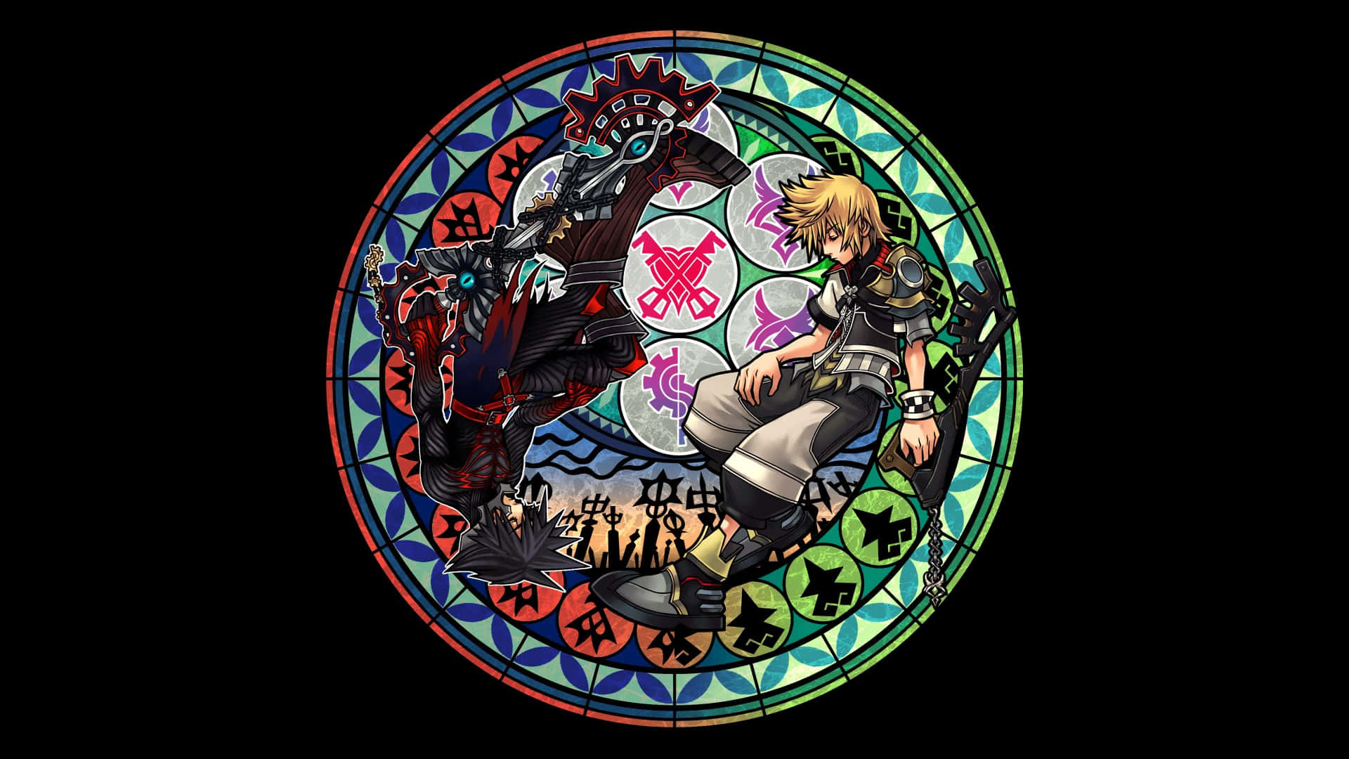 Kingdom Hearts Organization 13, anime characters, stained glass circle, Full HD Desktop Wallpaper