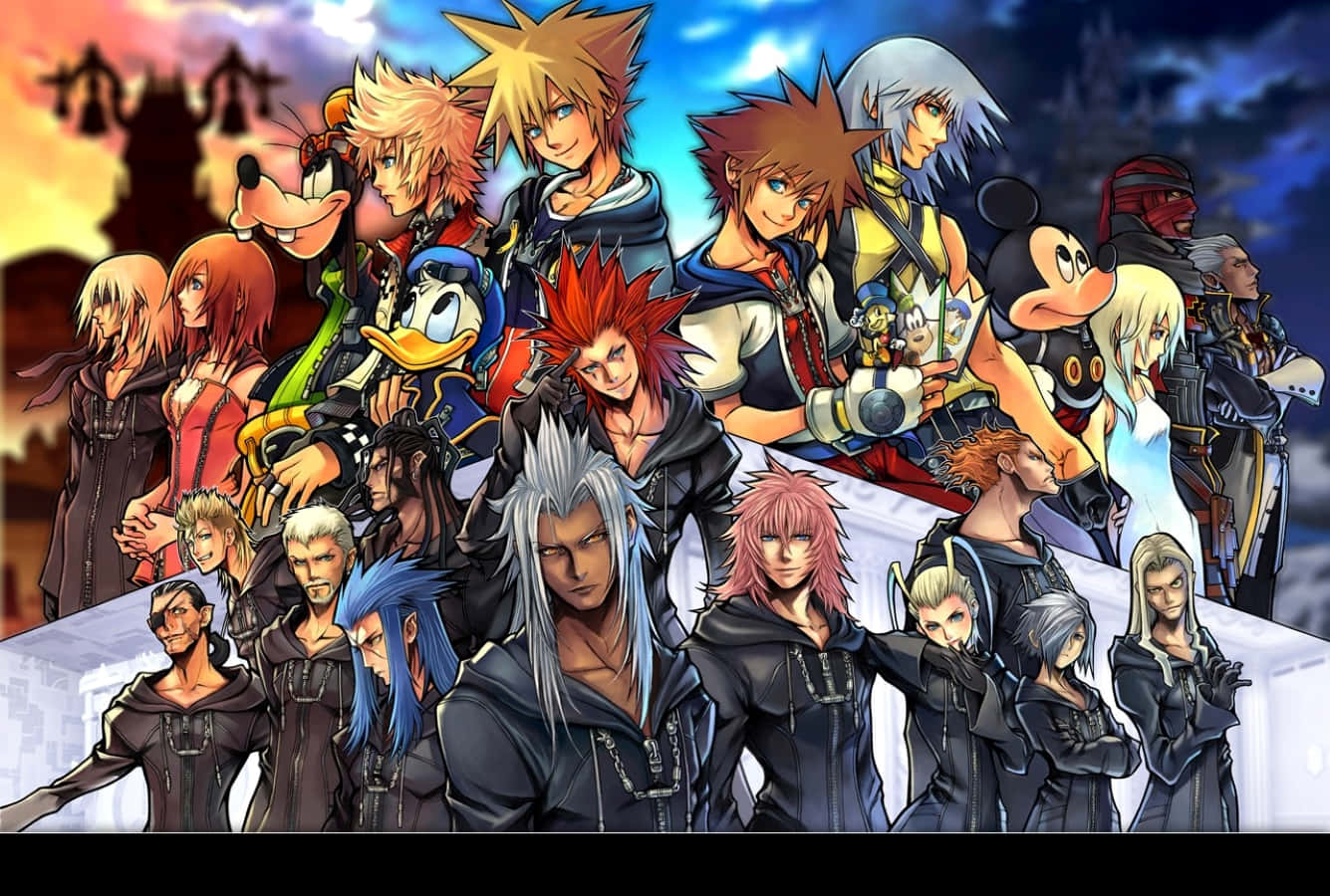 Kingdom Hearts Organization 13, anime group portrait, dramatic sunset sky, HD Desktop Wallpaper