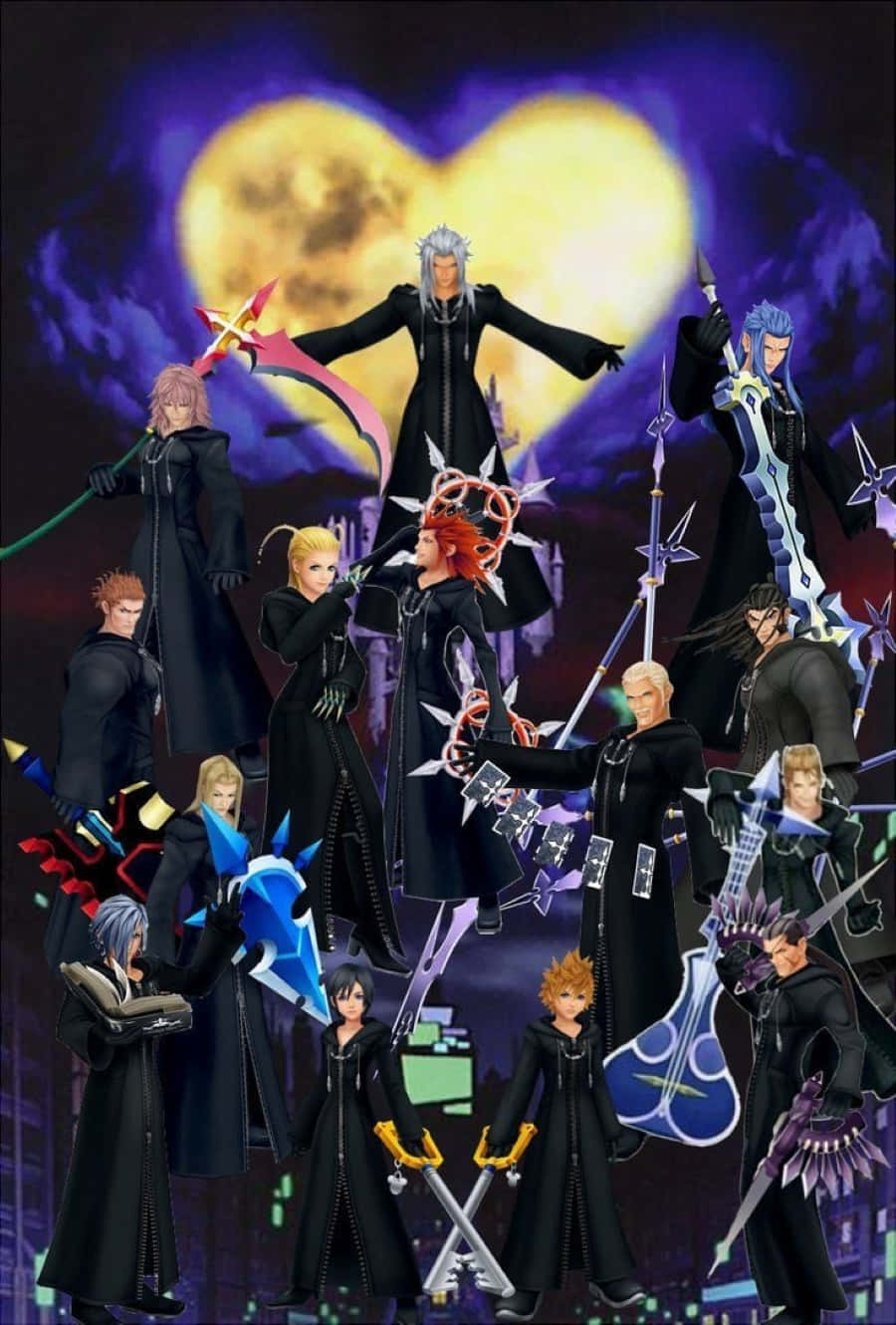 Kingdom Hearts Organization 13, black cloaks, glowing heart-shaped moon, HD Phone Wallpaper