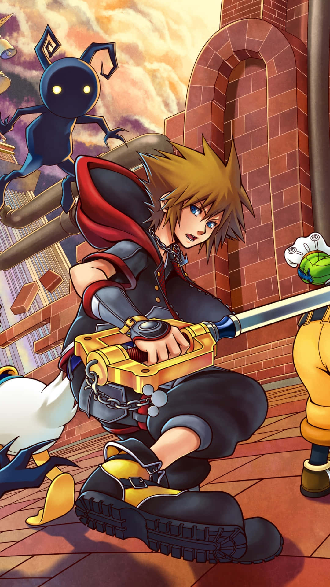 Kingdom Hearts, spiky-haired anime hero, black and red gear, Full HD Phone Wallpaper