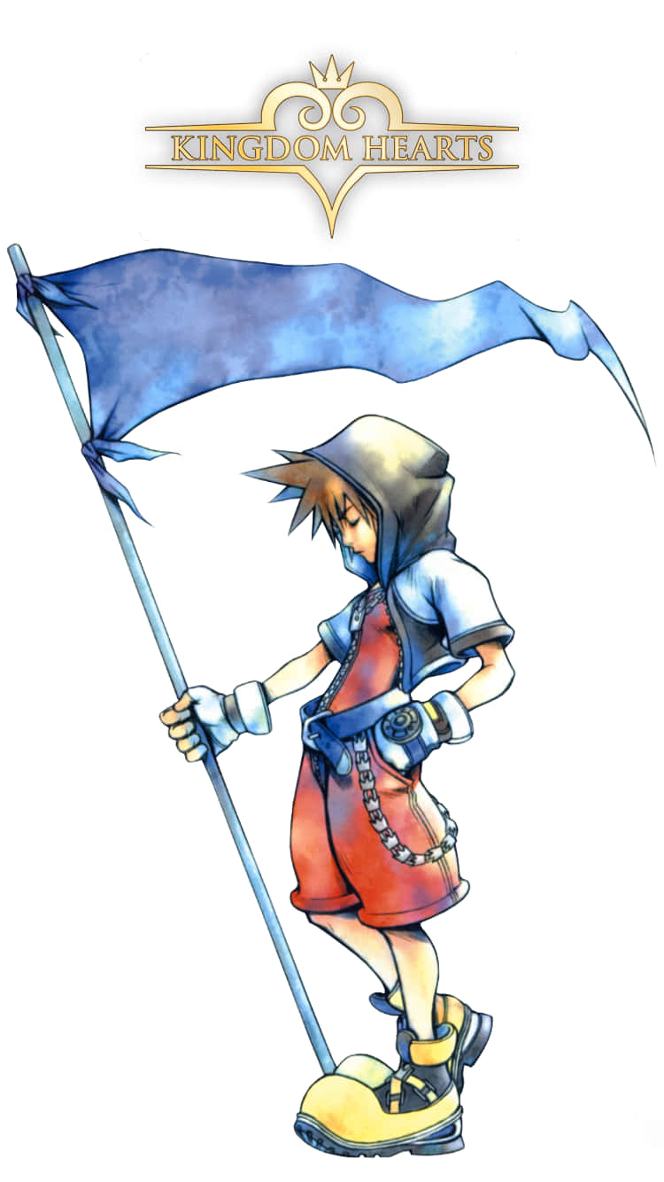 Kingdom Hearts Boy, blue flag, Kingdom Hearts logo, HD Phone Wallpaper