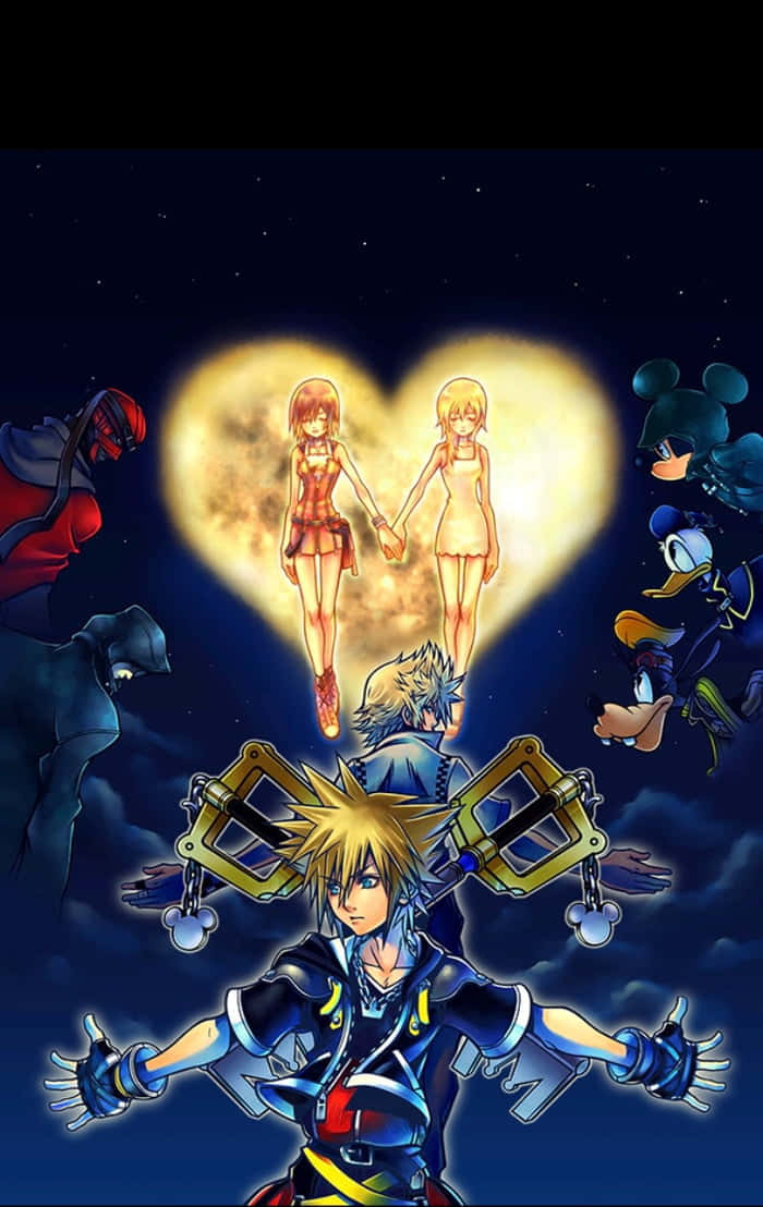 Kingdom Hearts, anime girls, heart-shaped moon, SD Phone Wallpaper