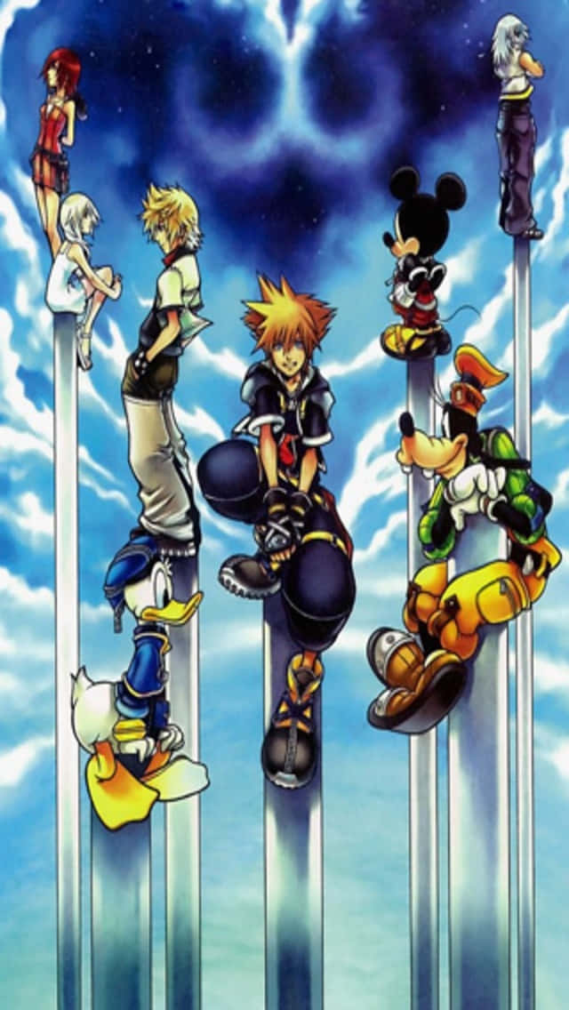 Kingdom Hearts phone, 7 animated characters, glowing pillars, SD Phone Wallpaper