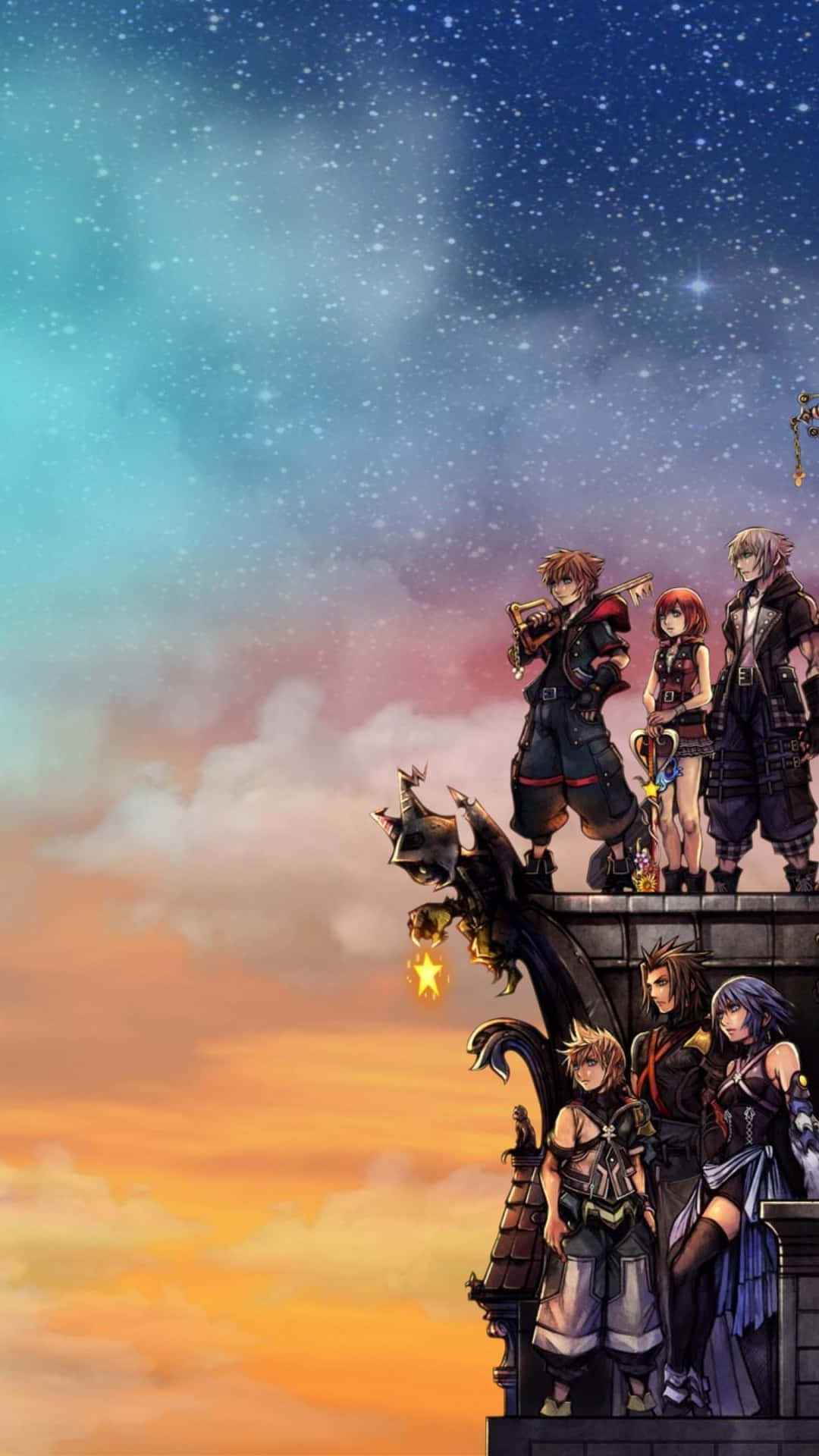 Kingdom Hearts Phone, anime characters, stone tower, Full HD Phone Wallpaper