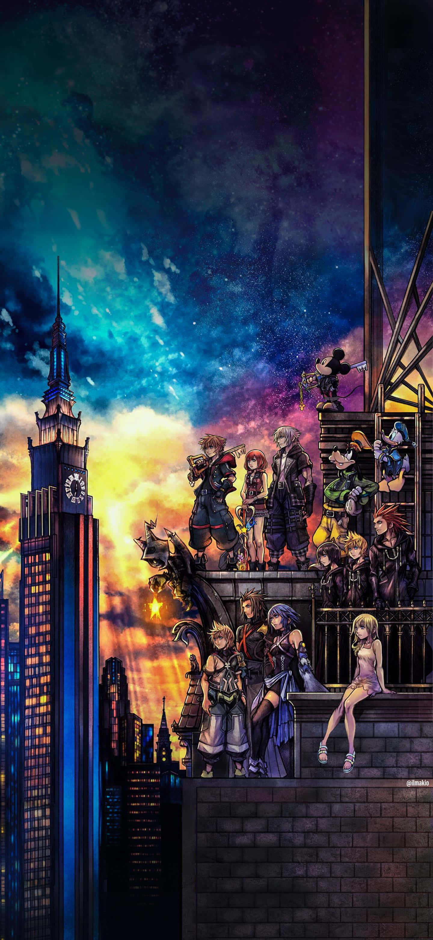 Kingdom Hearts Sora, twilight sky, city rooftop, 2K Phone Wallpaper