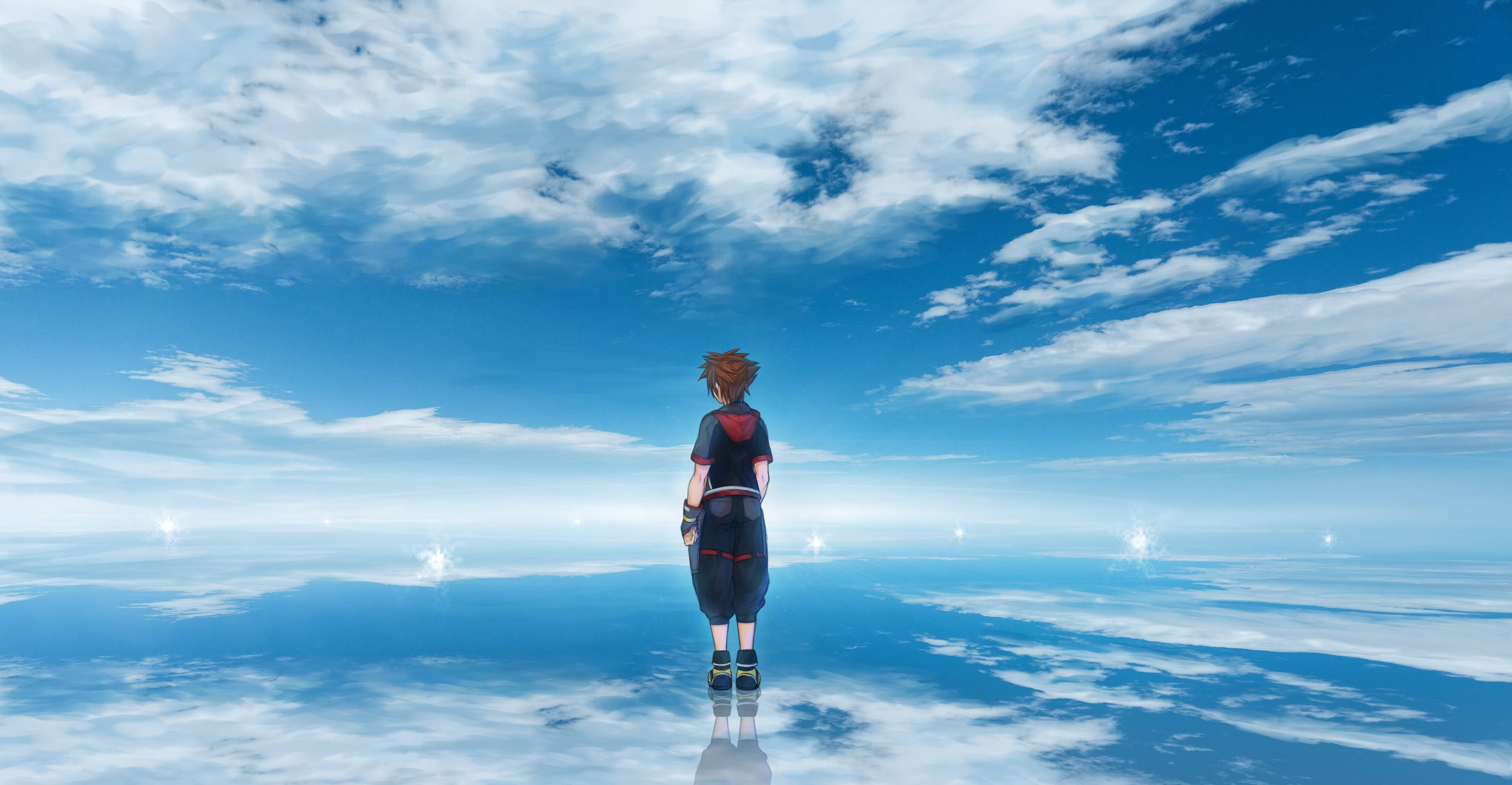 Sora, Kingdom Hearts 3, reflective blue surface, 2K Desktop Wallpaper
