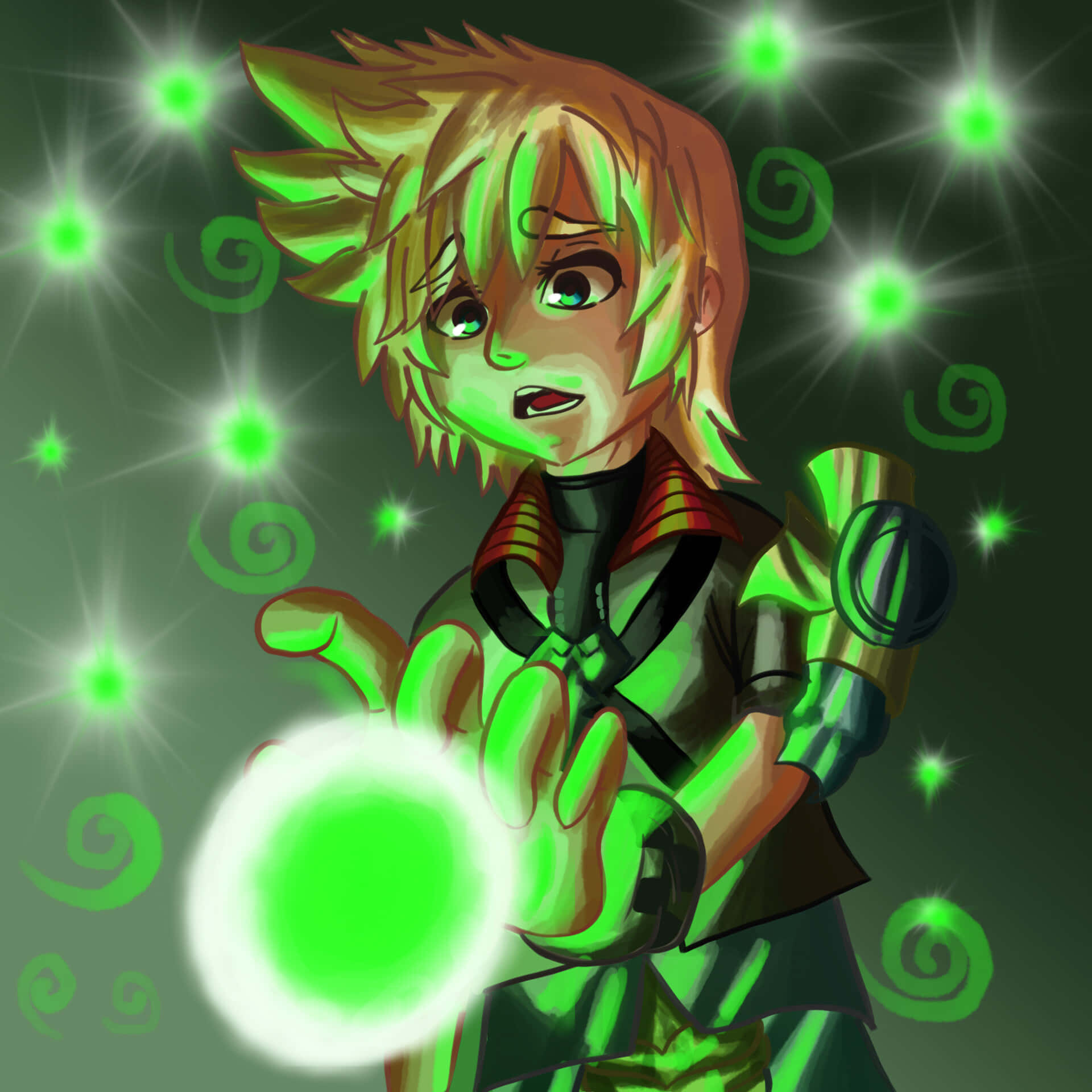 Kingdom Hearts Ventus, spiky hair, glowing green energy, Full HD Desktop Wallpaper