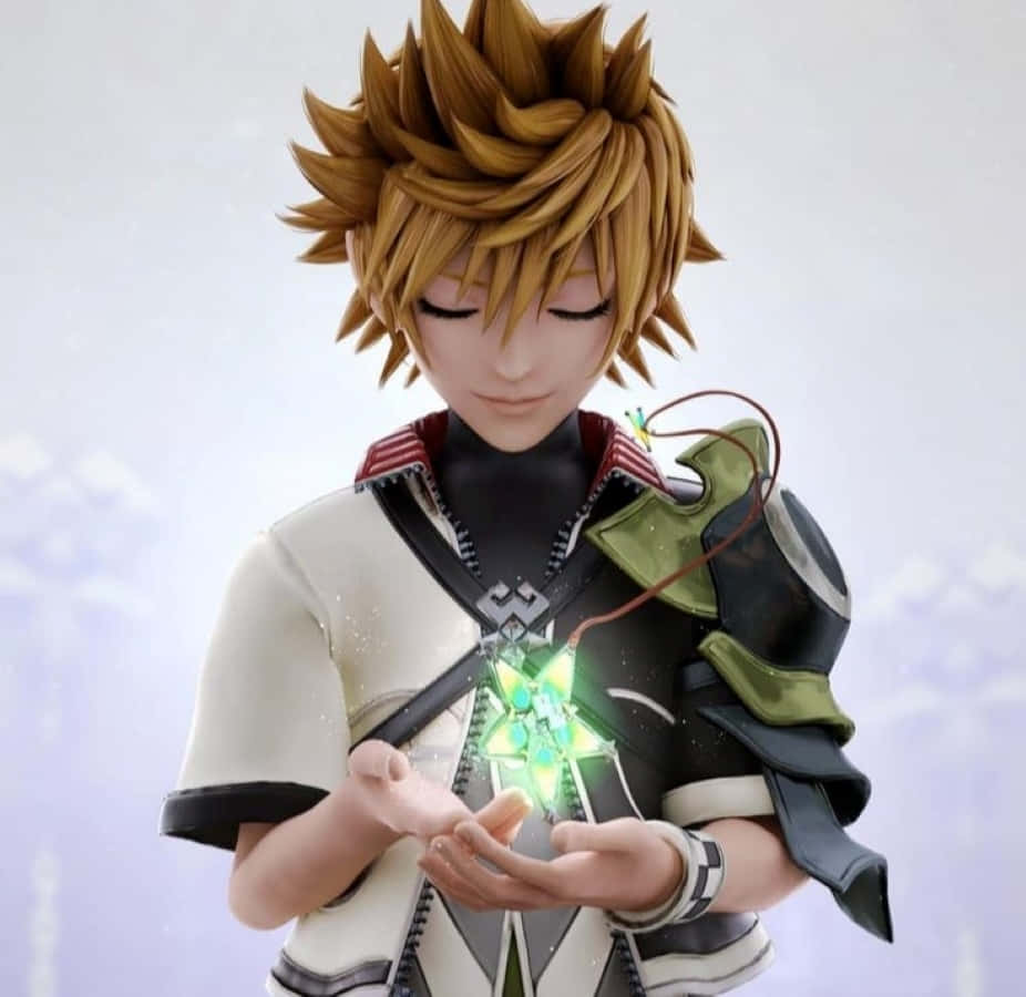 Kingdom Hearts Ventus, spiky-haired anime boy, glowing green key-shaped artifact, SD Desktop Wallpaper