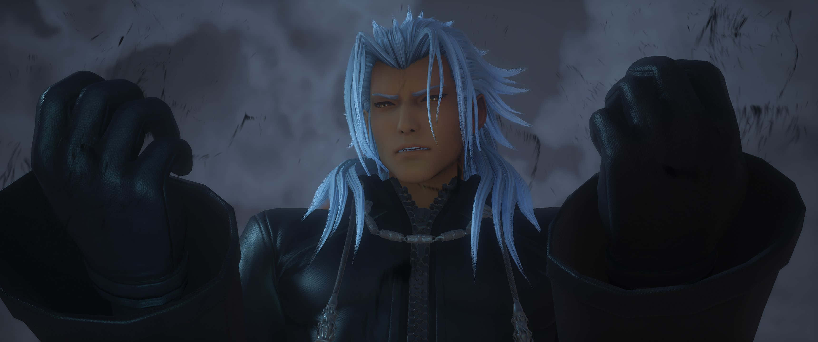 Kingdom Hearts Xemnas, spiky silver hair, black gloves, 2K Desktop Wallpaper