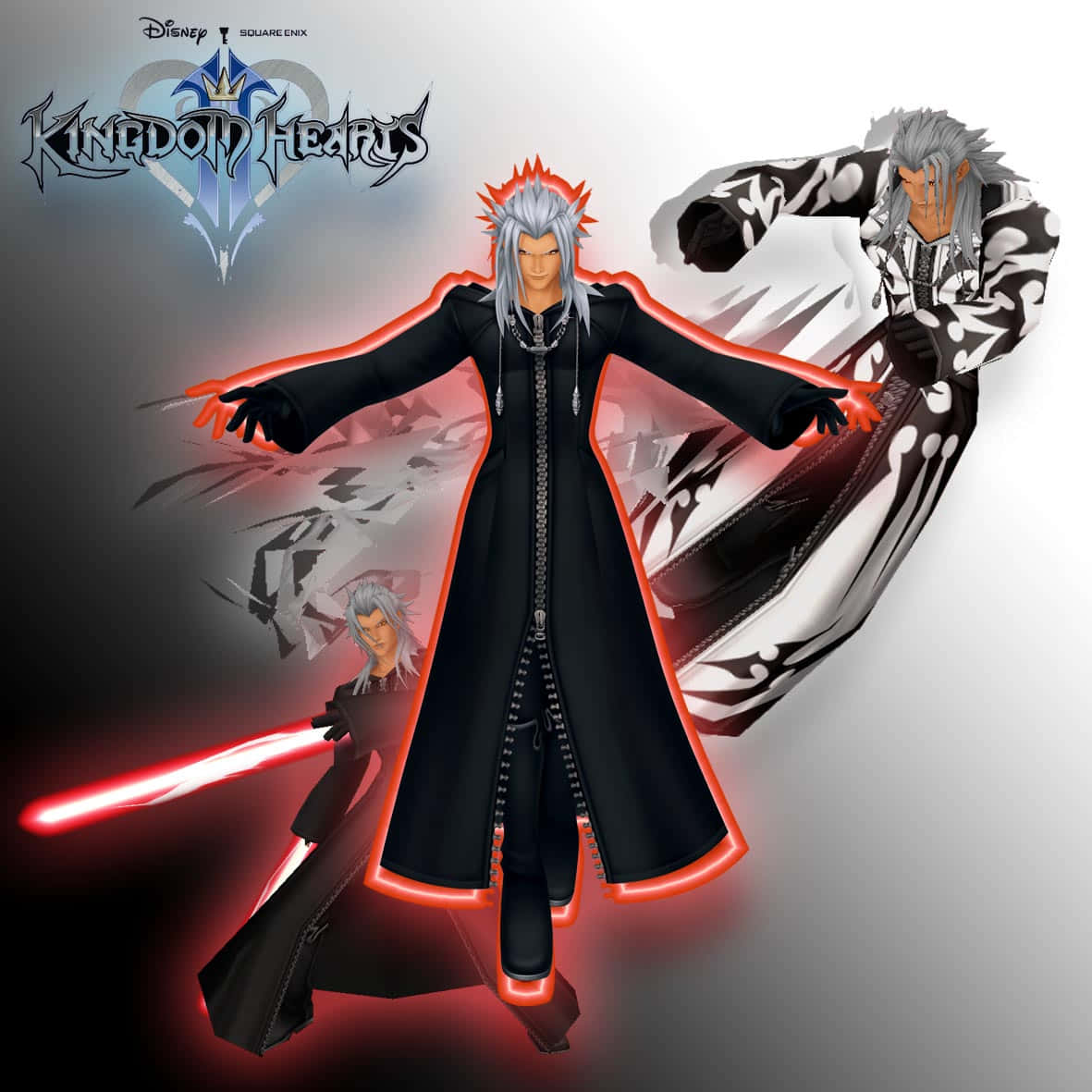 Kingdom Hearts Xemnas, silver hair, black coat outlined in red energy, SD Desktop Wallpaper