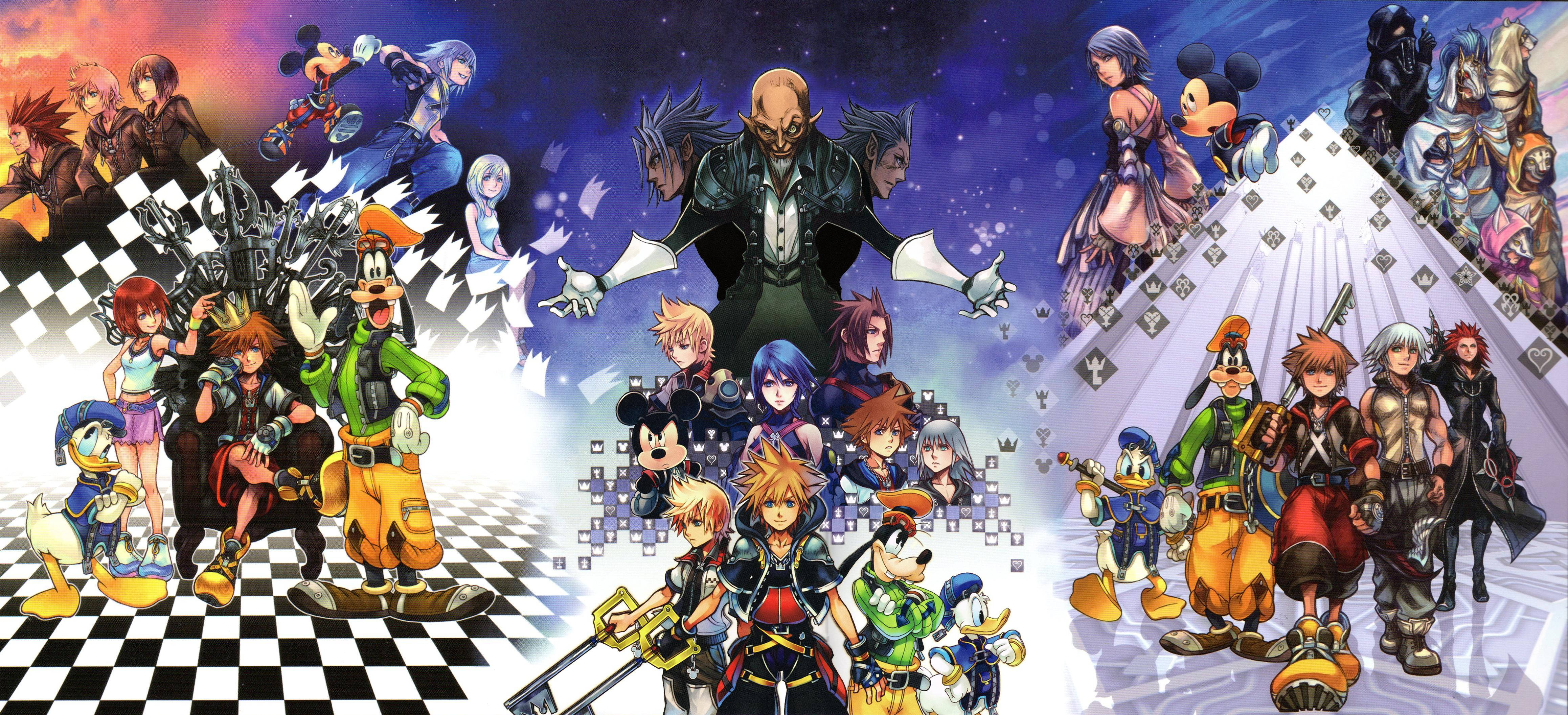 Kingdom Hearts, cosmic checkered backdrop, glowing effects, 4K Desktop Wallpaper