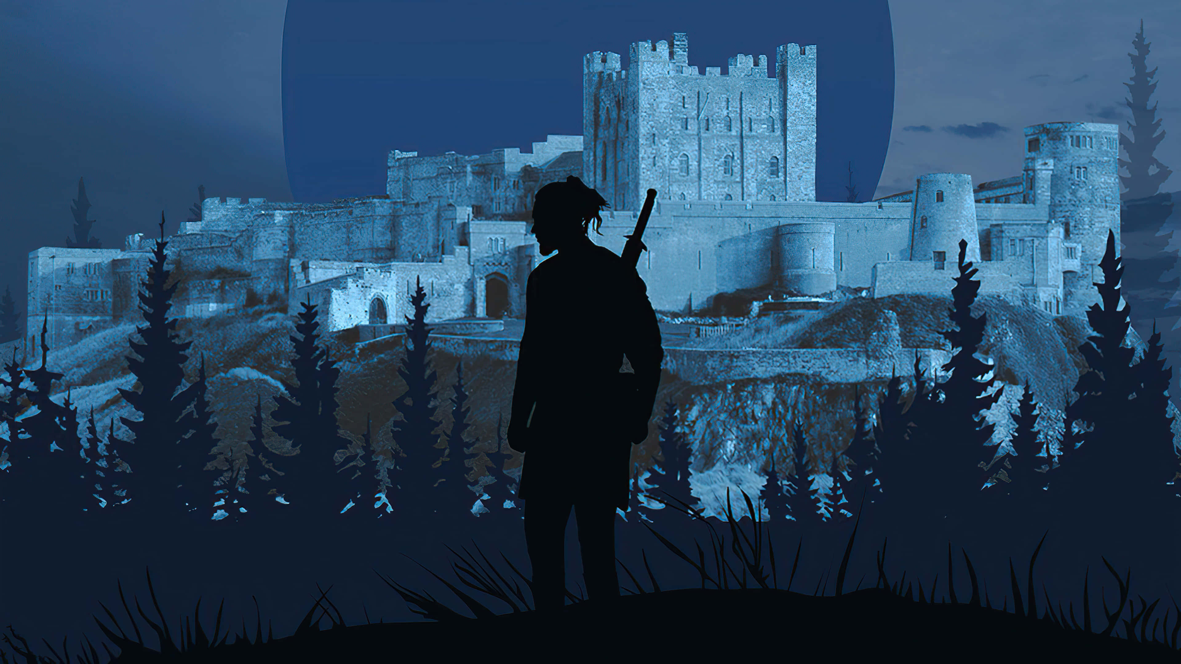 Kingdom, majestic castle, large moon, 4K Desktop Wallpaper