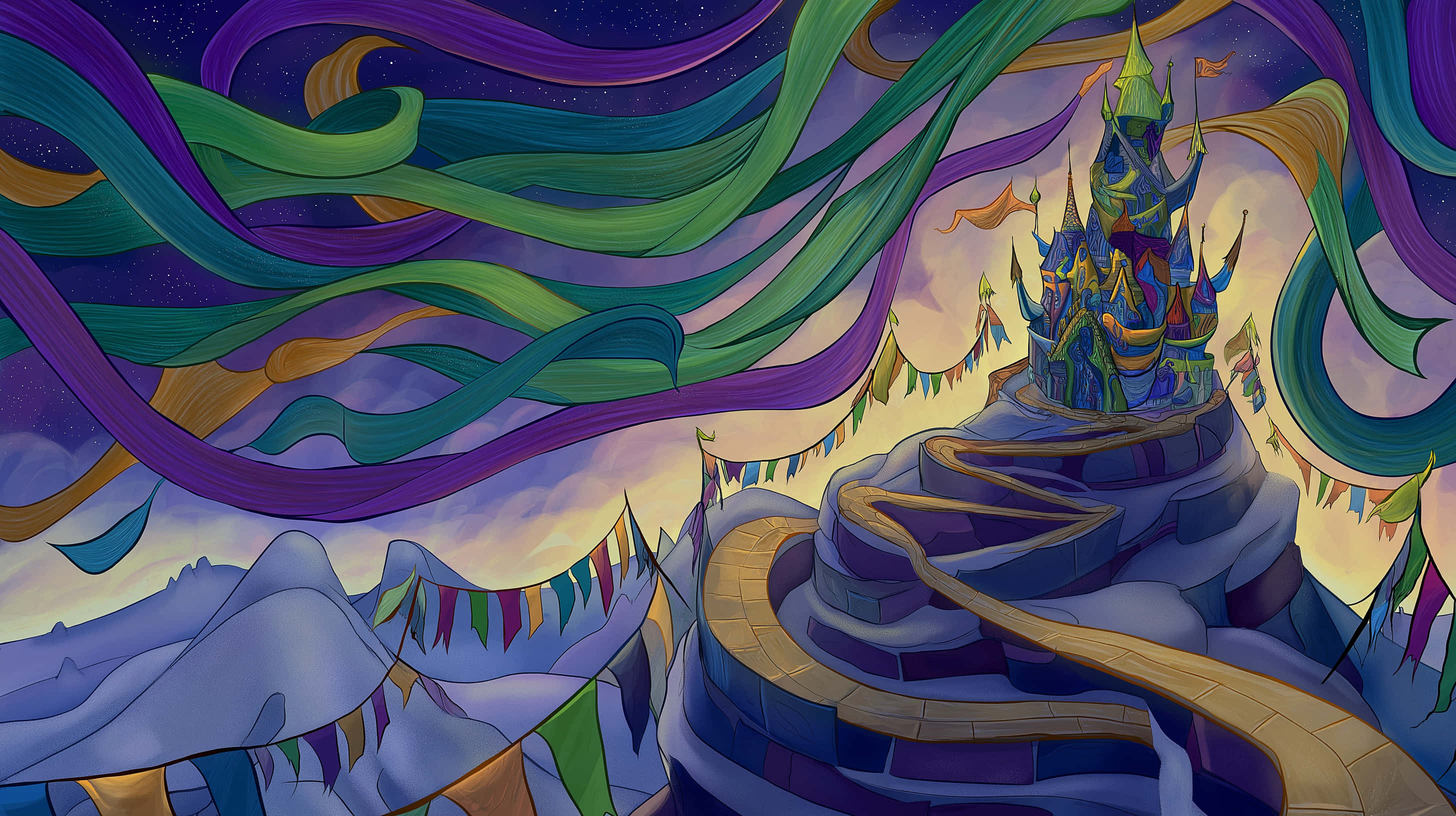 Mountain Kingdom, snowy mountain peak, whimsical castle, 2K Desktop Wallpaper