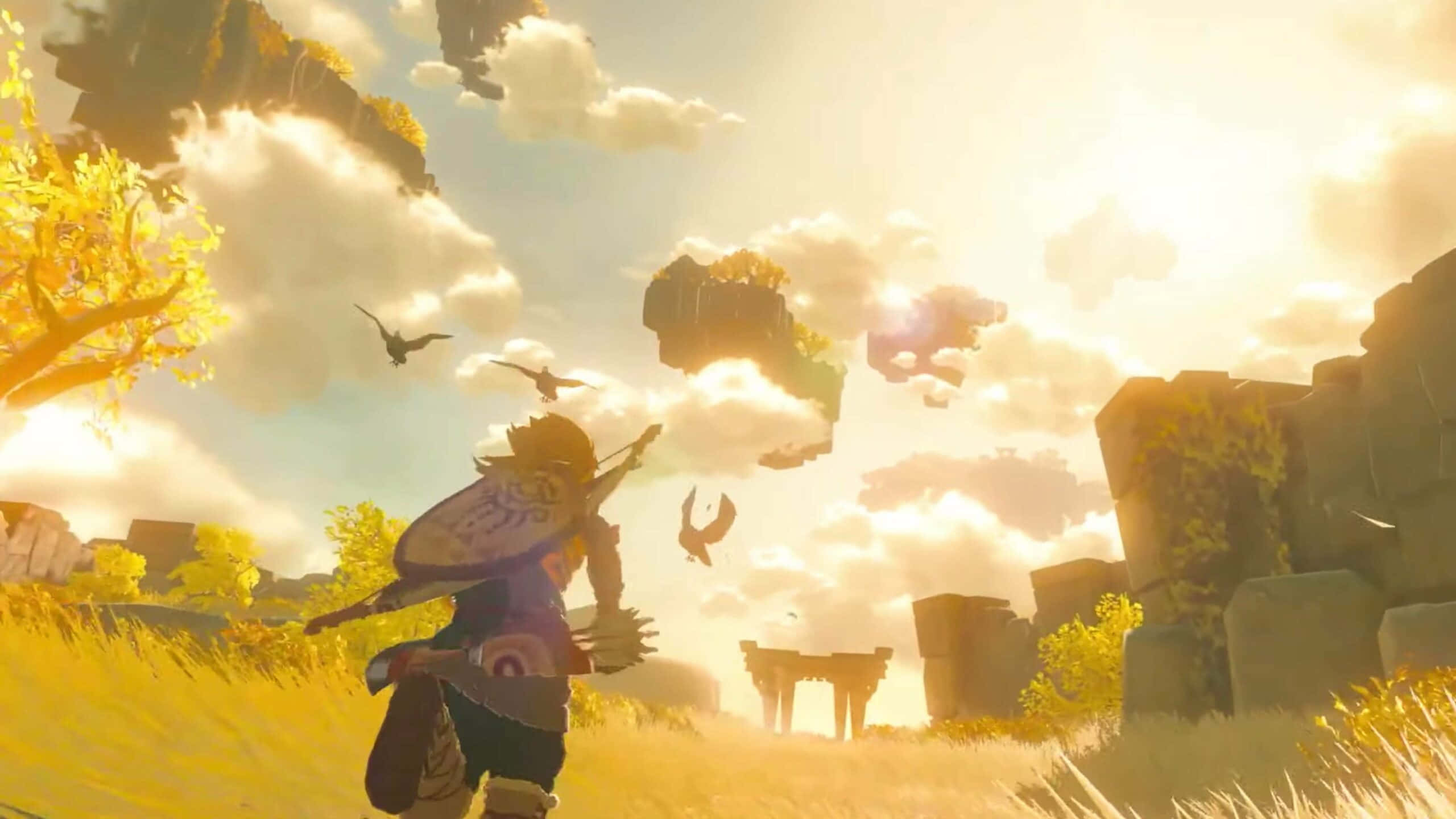Kingdom, golden grass, floating islands, 2K Desktop Wallpaper