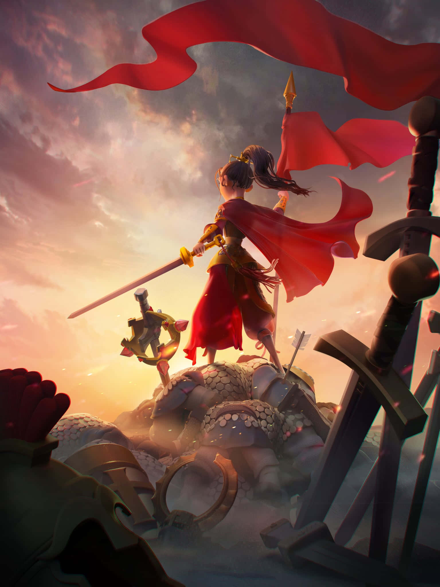 Kingdom, warrior girl, red cape, Full HD Phone Wallpaper