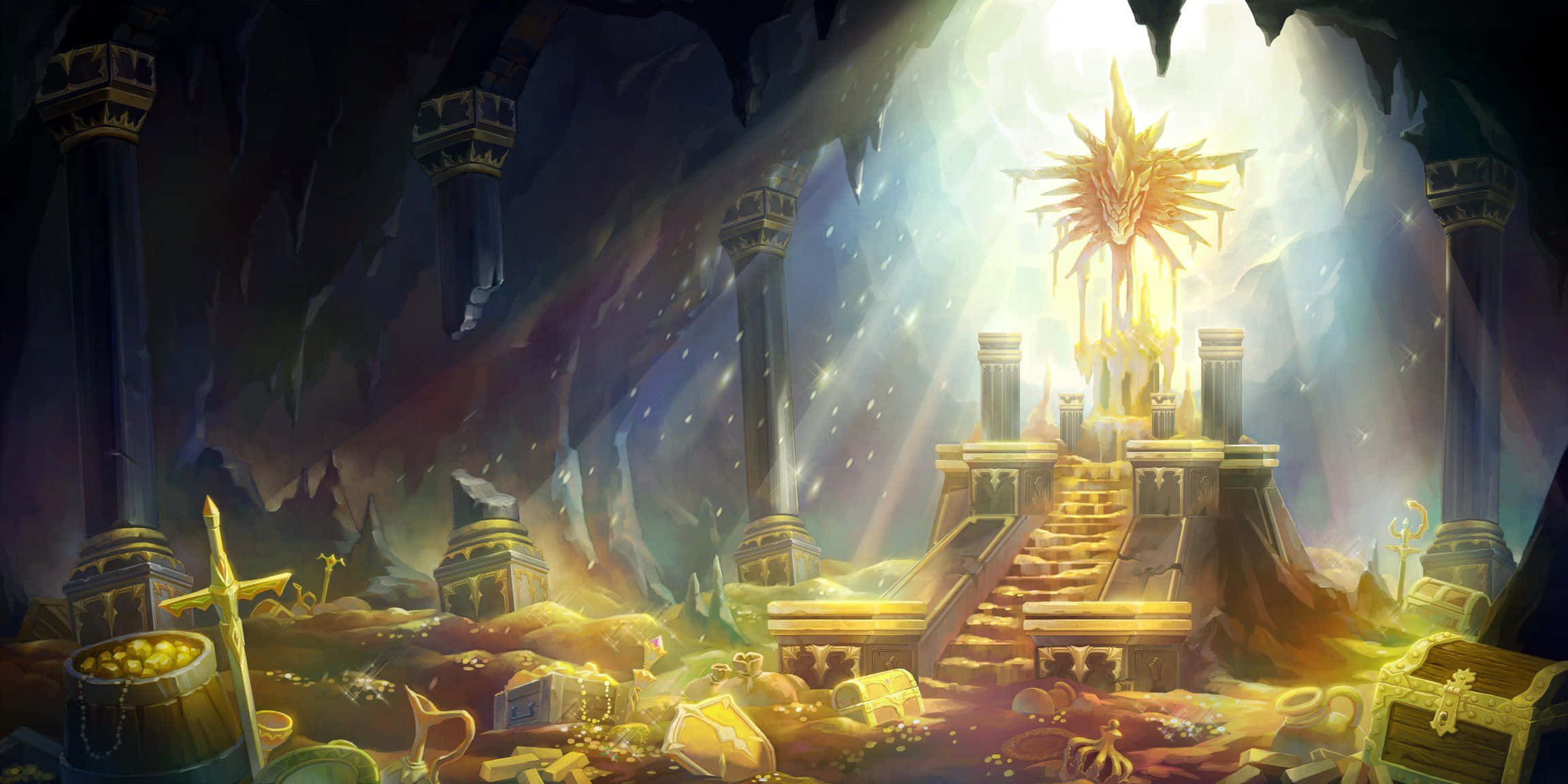 Kingdom, golden throne, cavernous temple, Full HD Desktop Wallpaper