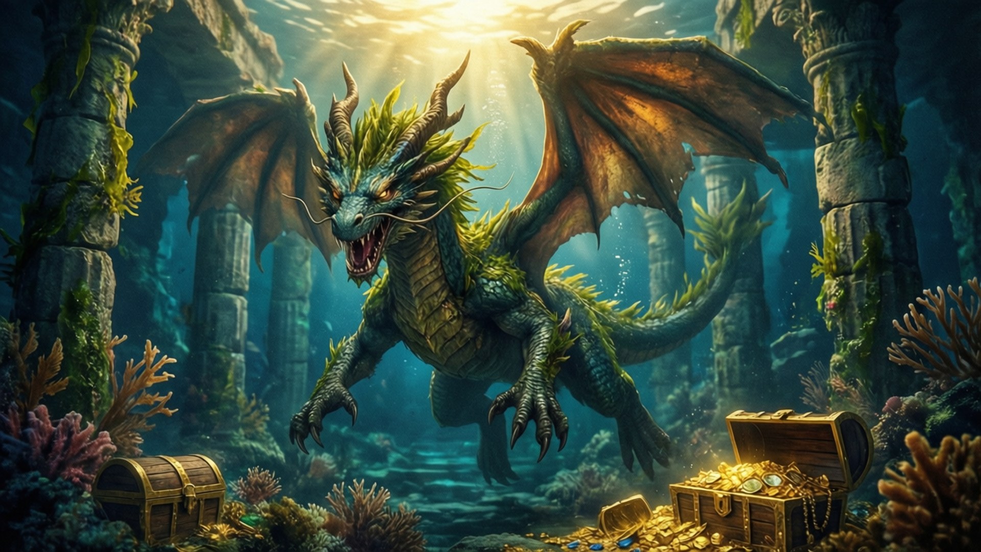 Kingdra, ancient underwater ruins, mystery, Full HD Desktop Wallpaper
