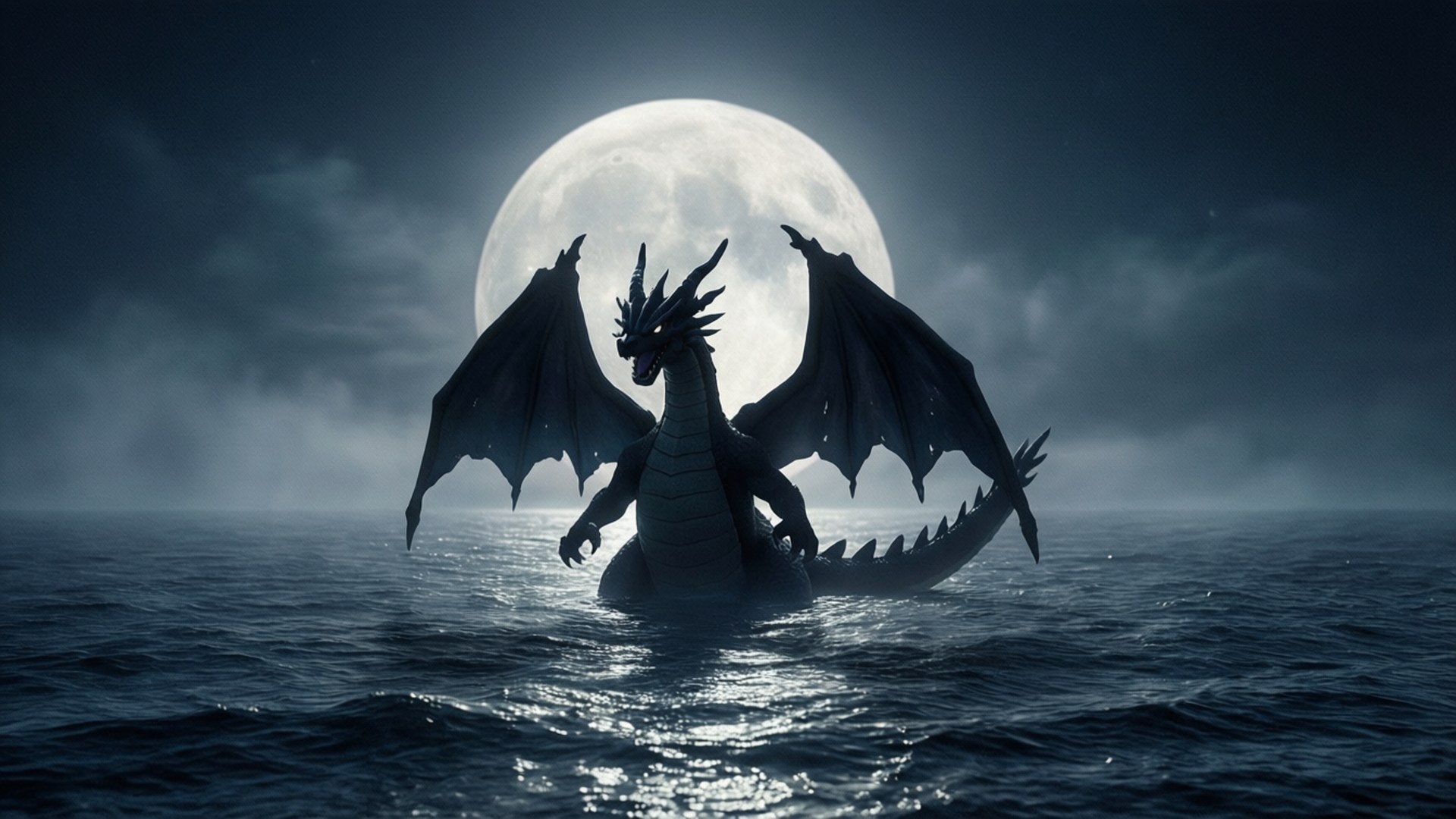 Kingdra, moonlit ocean, full moon, Full HD Desktop Wallpaper