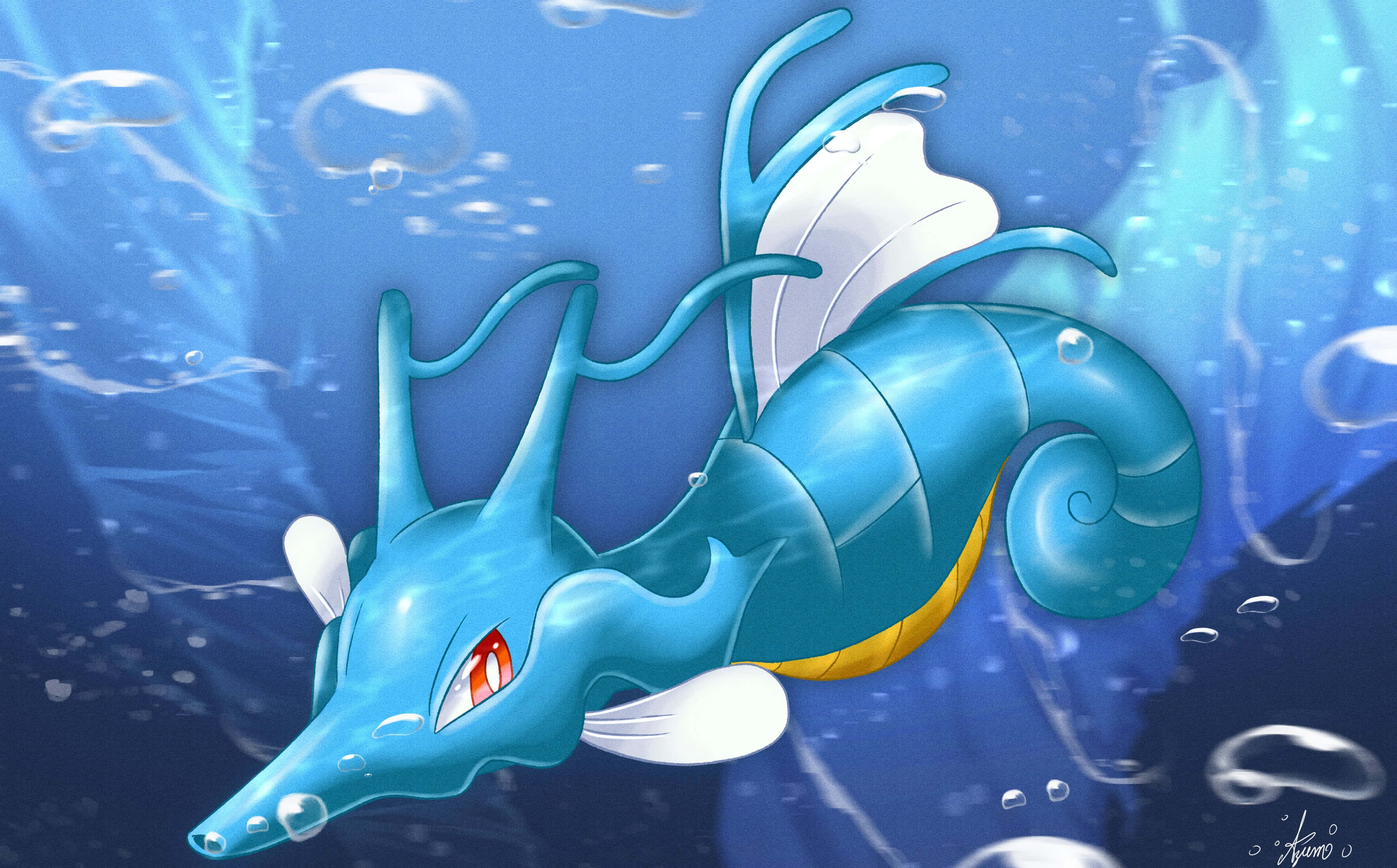 Kingdra, Water/Dragon type, vibrant blue, 2K Desktop Wallpaper