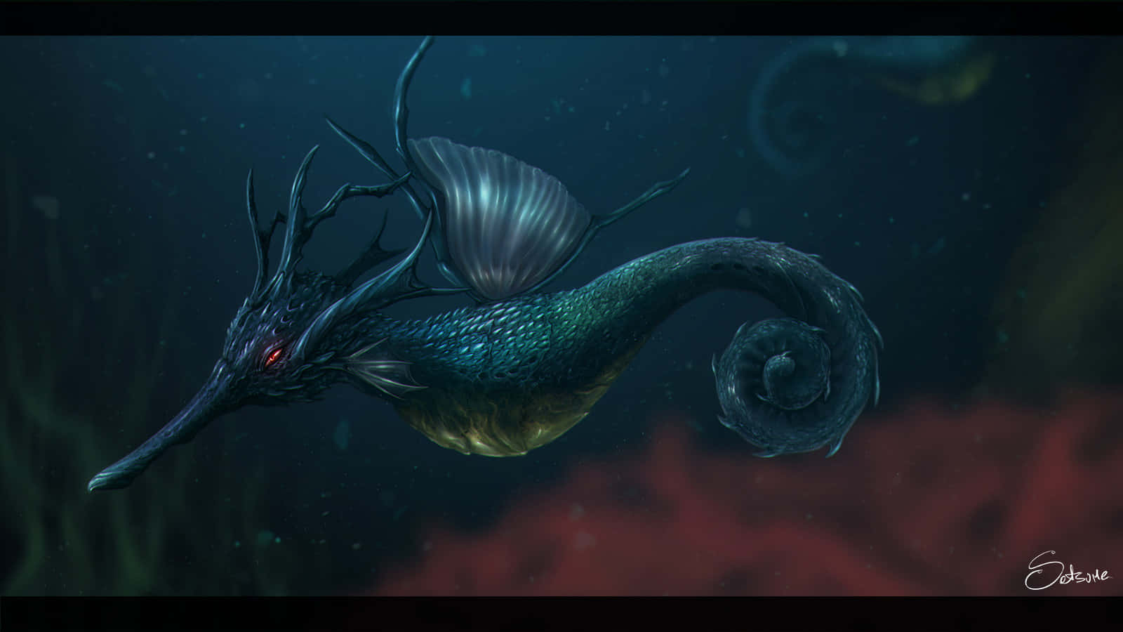 Kingdra, dark blue, glowing red eyes, HD Desktop Wallpaper