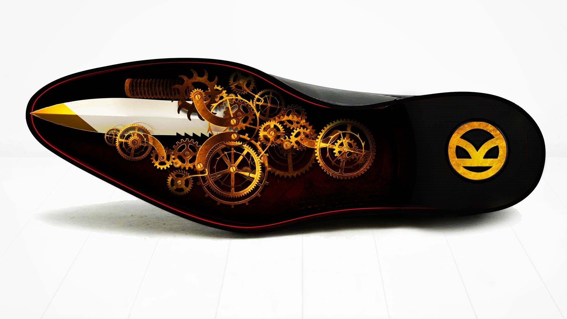 Kingsman, sleek black shoe, golden gears, Full HD Desktop Wallpaper