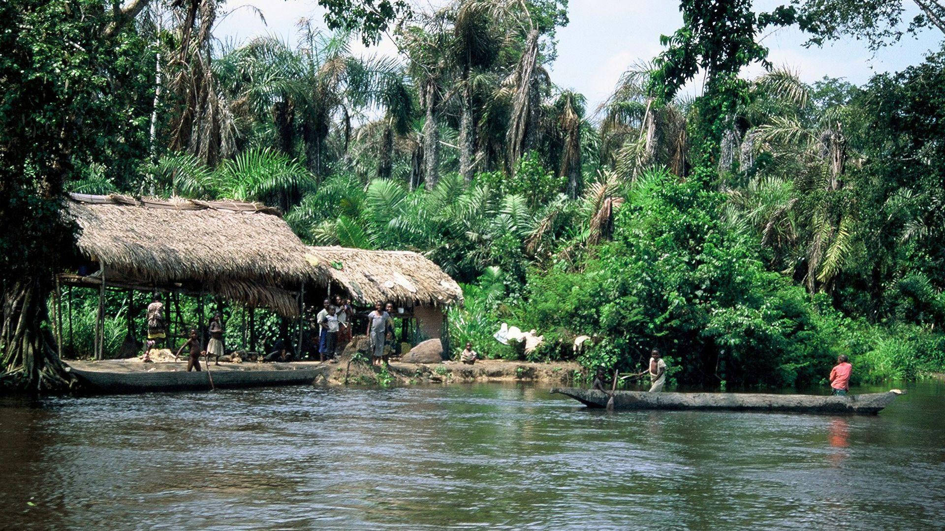 Kinshasa River, thatched huts, lush tropical foliage, Full HD Desktop Wallpaper