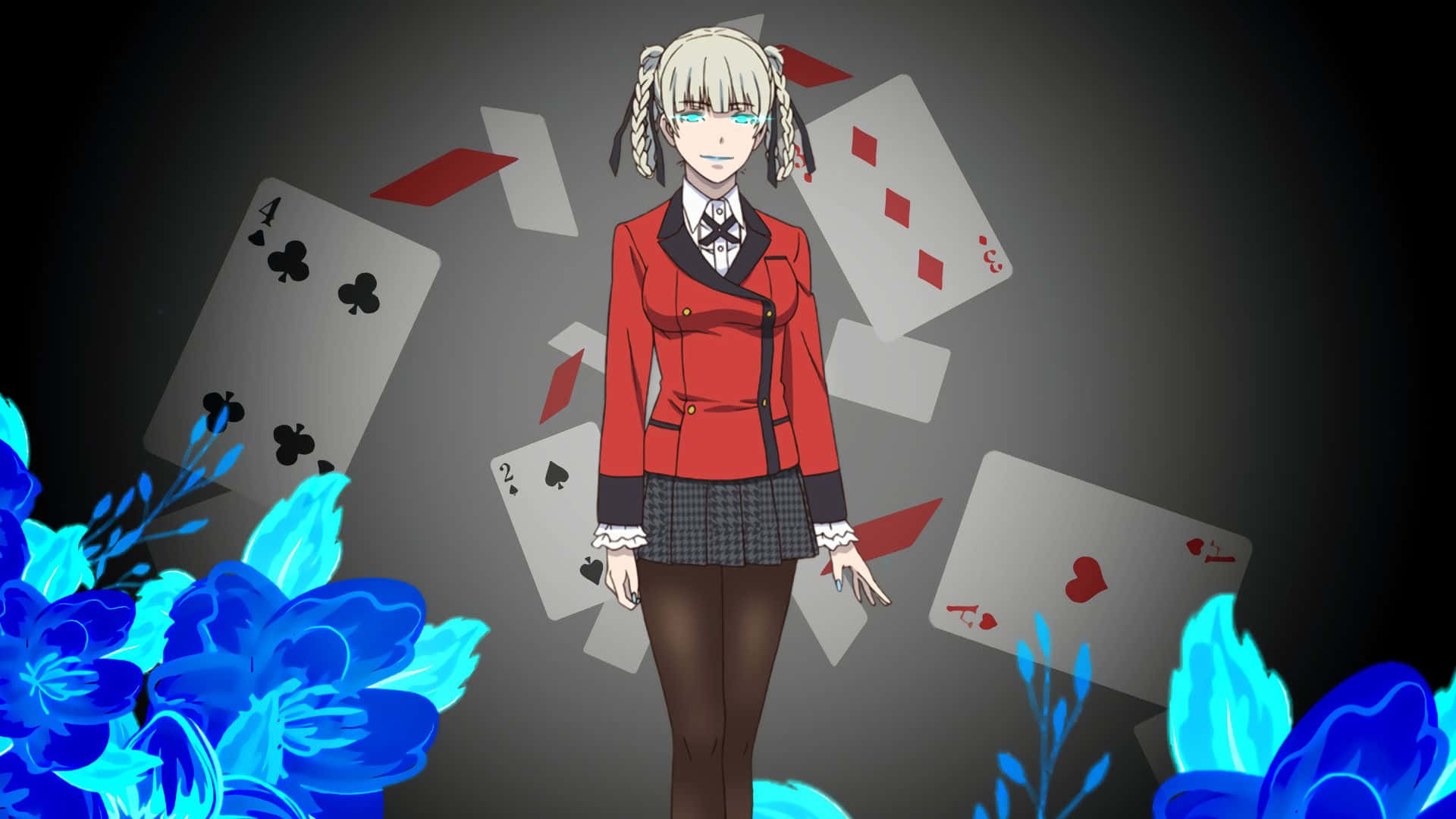 Kirari Momobami, red school uniform, floating playing cards, Full HD Desktop Wallpaper