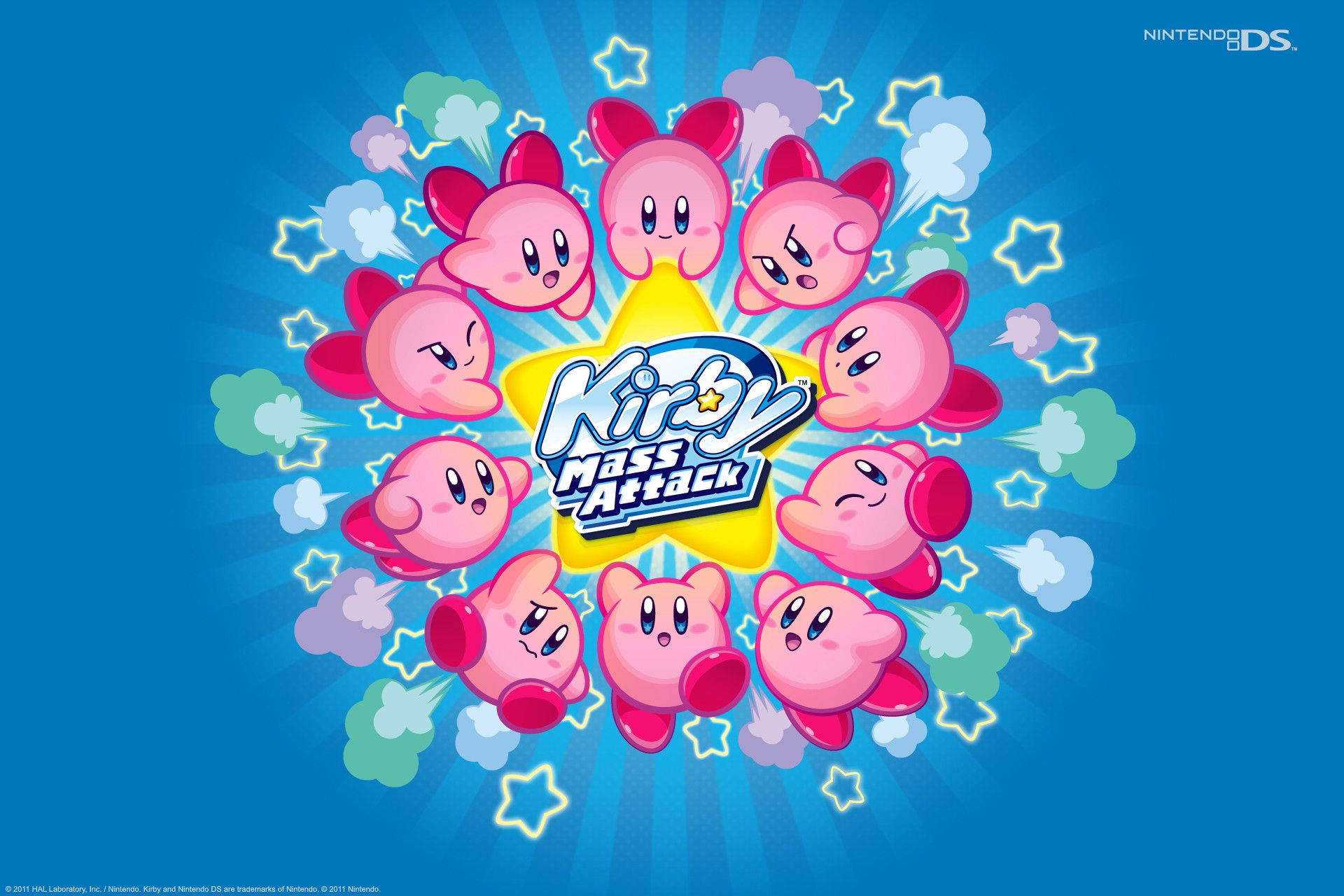 Kirby, vibrant blue background, pink Kirby characters, Full HD Desktop Wallpaper
