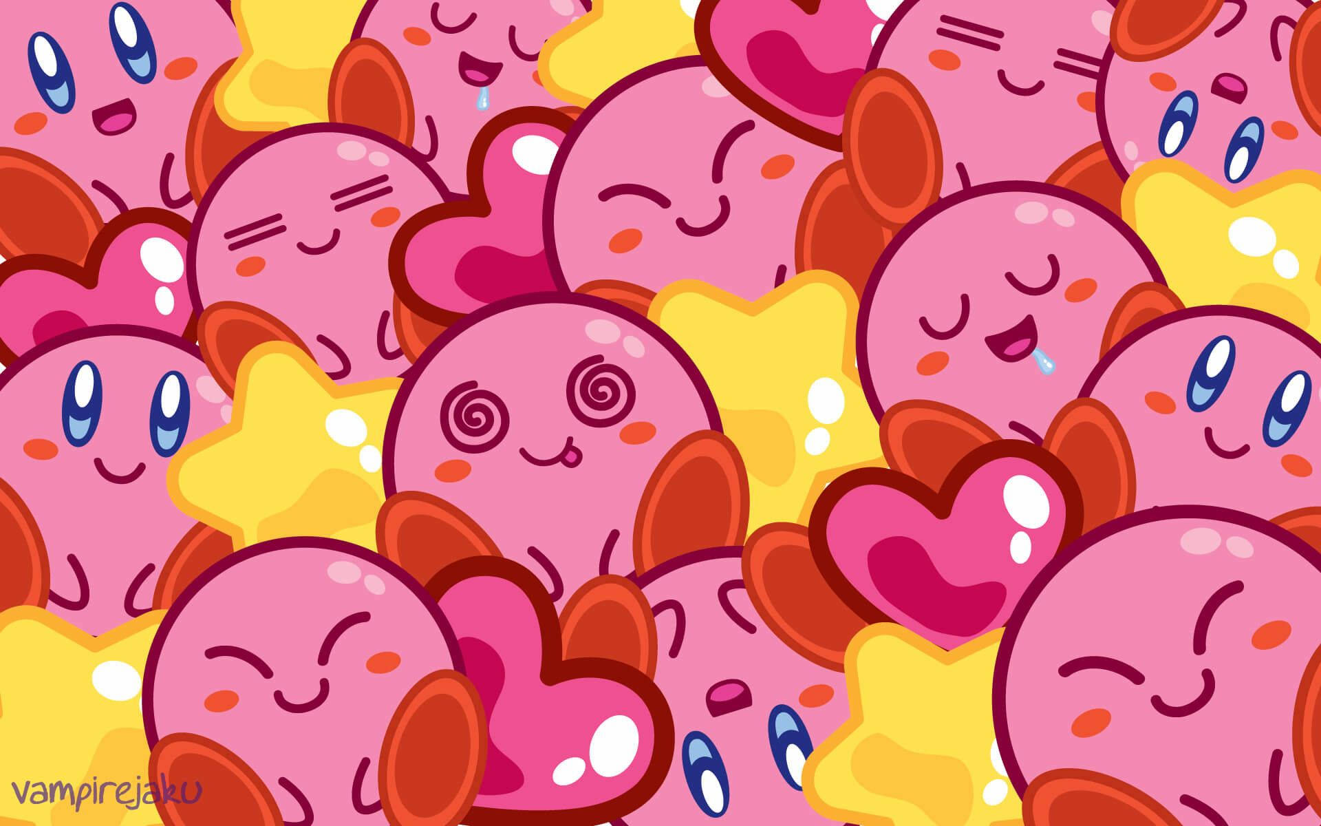 pink Kirby, yellow stars, hearts, Full HD Desktop Wallpaper