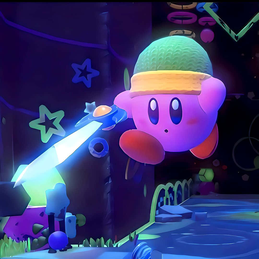 Kirby, glowing sword, neon-lit, SD Desktop Wallpaper