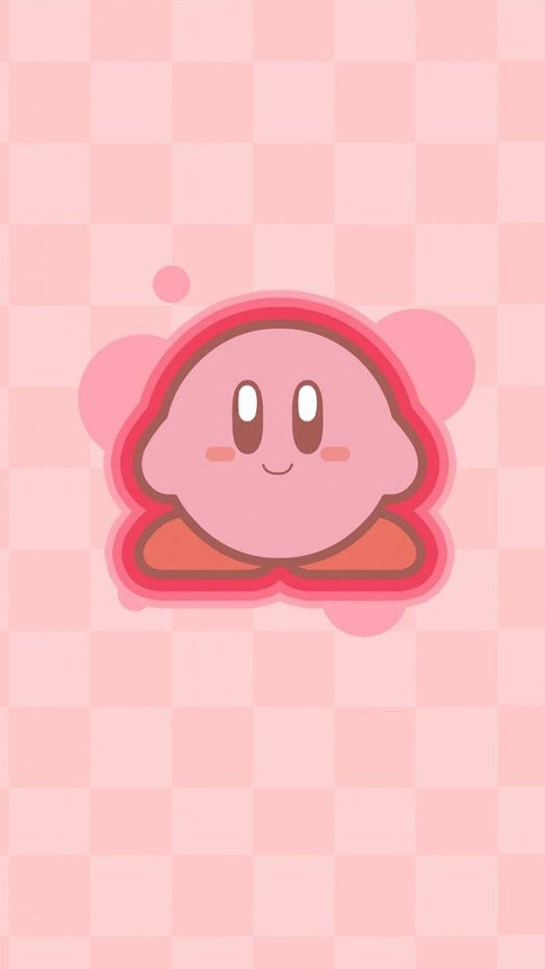 pink Kirby, smiling face, soft pink checkered background, Full HD Phone Wallpaper